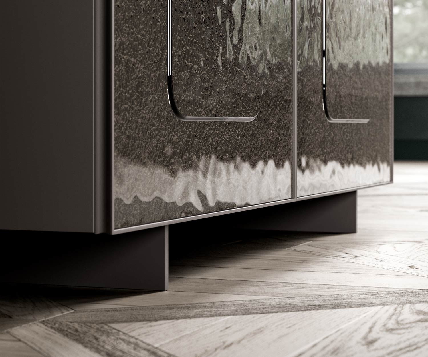 Hochwertiges Sideboard mit Silber Glasfront Detailbild Hochwertiges Sideboard mit Silber Glasfront Detailbild