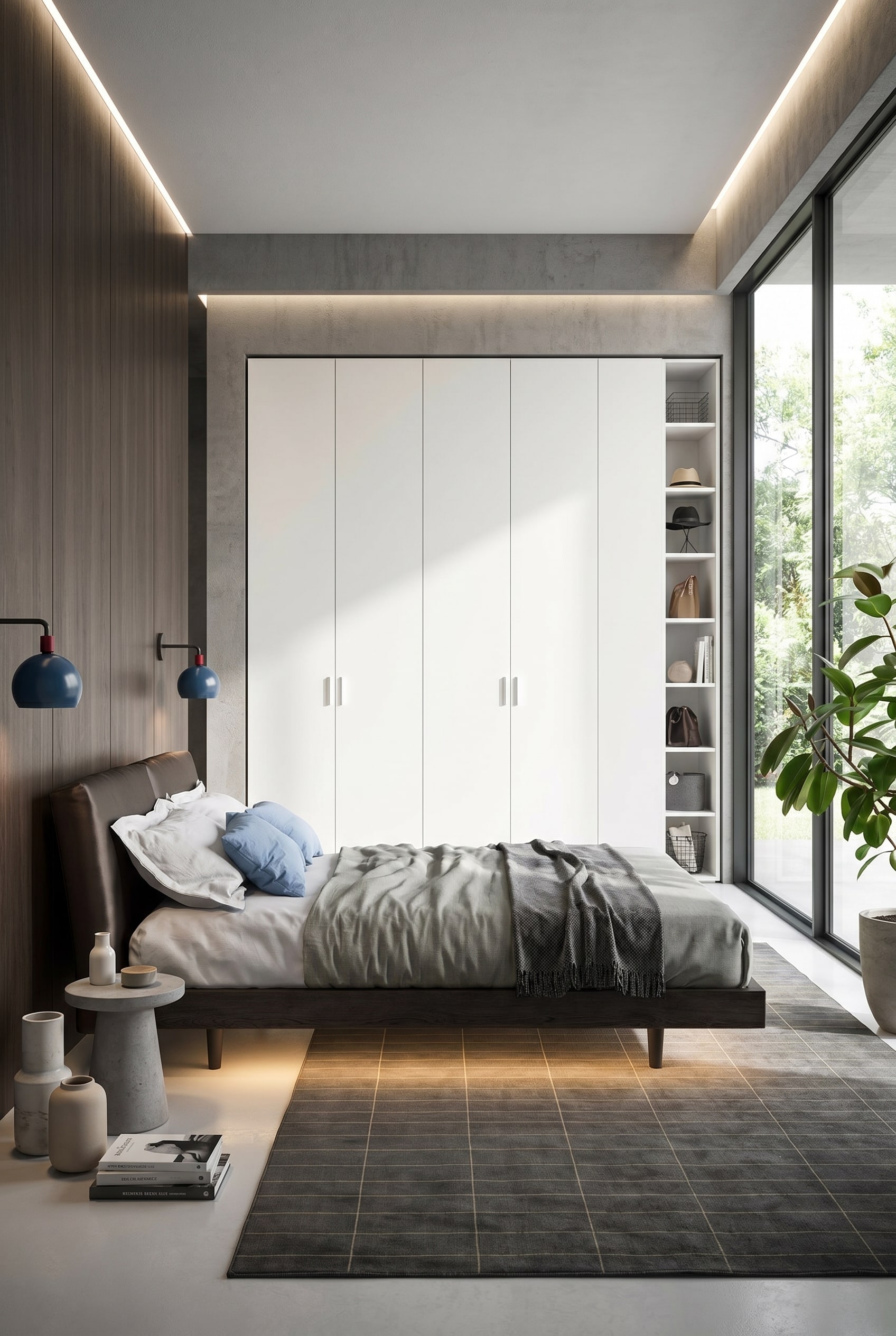 Helles modernes Schlafzimmer mit deckenhohem weißen Kleiderschrank mit Flügeltüren und großen Fensterfronten in die Natur