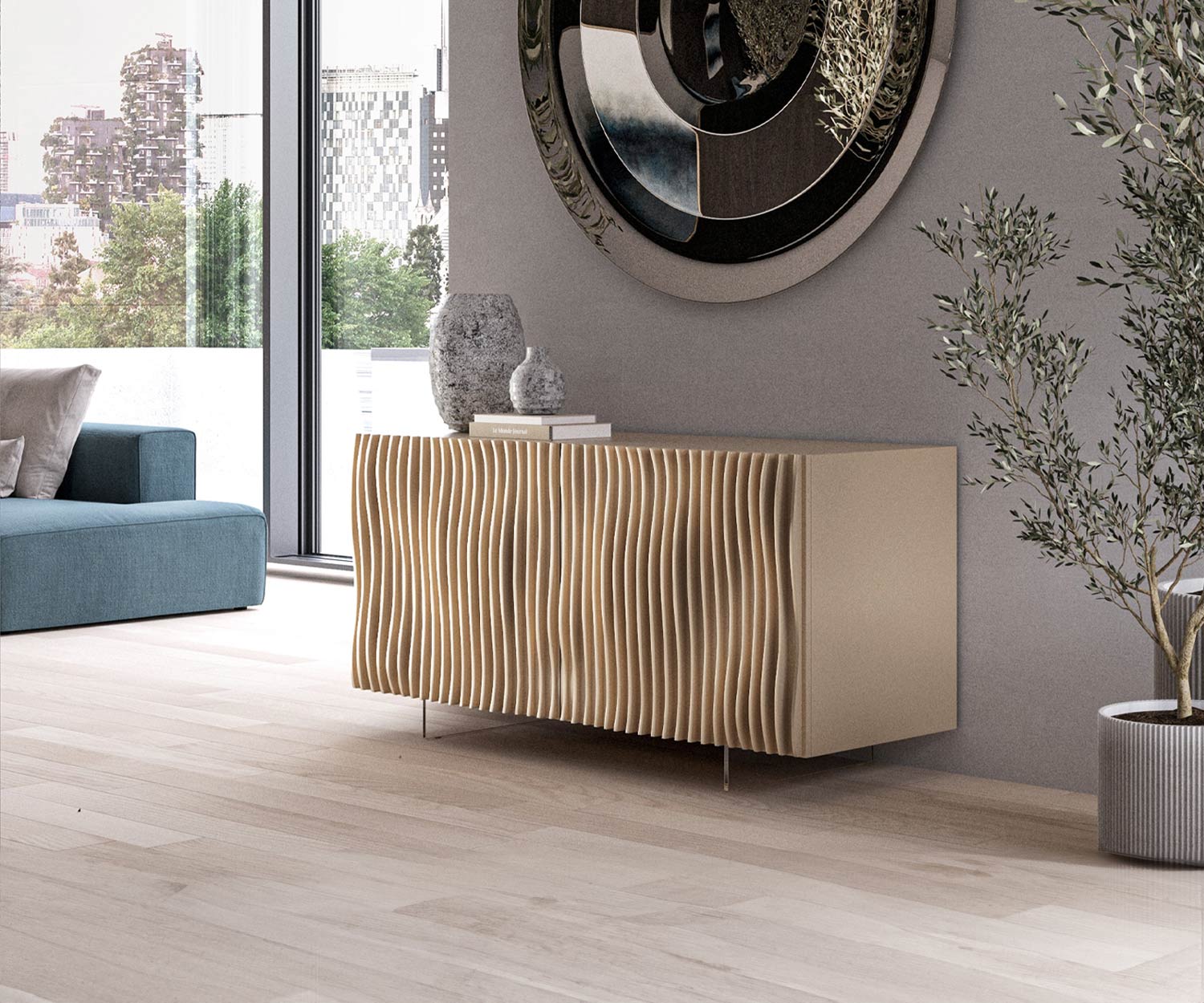 Extravaganz im Wohnzimmer mit Design Sideboard Onda von Ozzio Extravaganz im Wohnzimmer mit Design Sideboard Onda von Ozzio