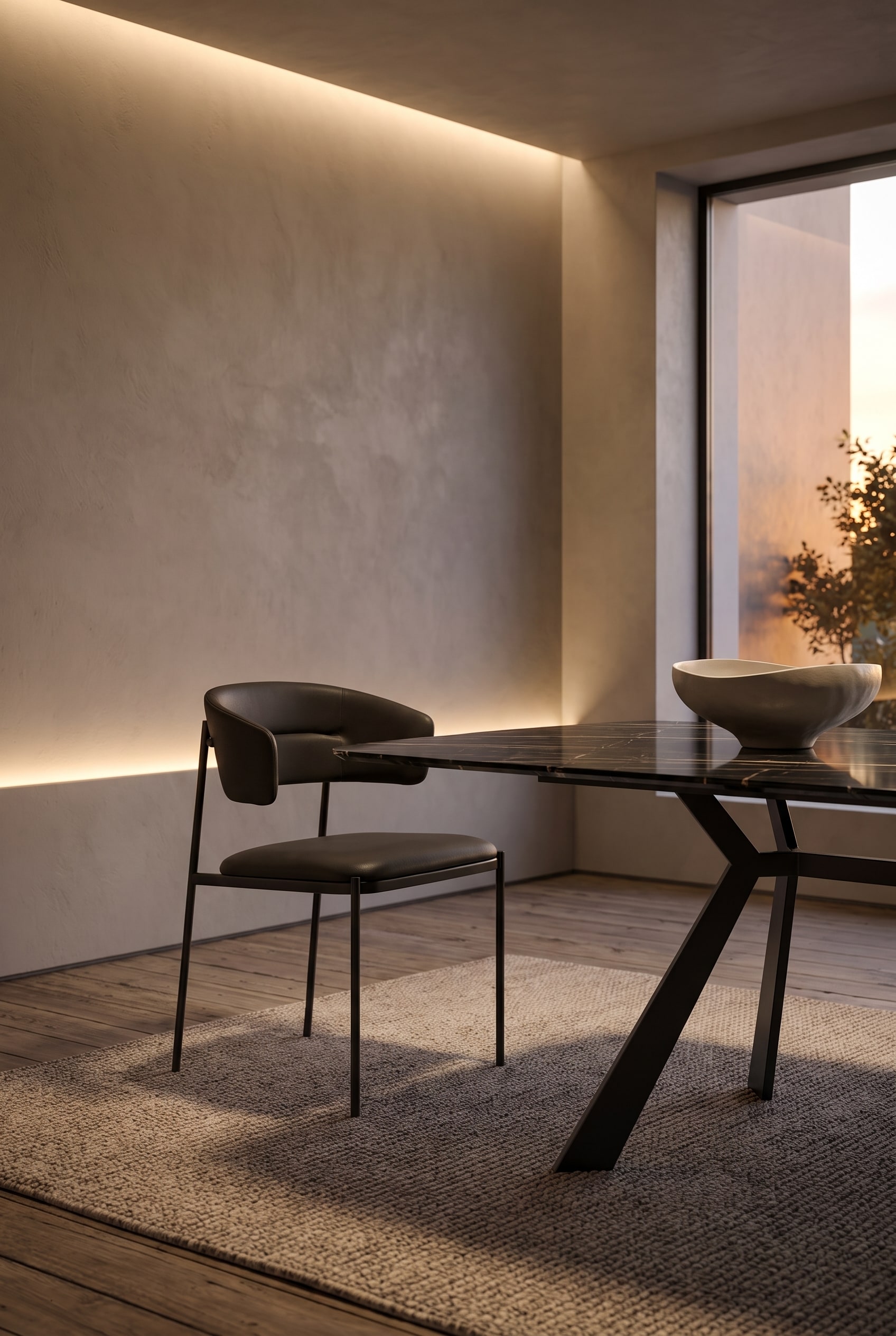 Modernes italienisches Esszimmer mit markantem Stuhl aus schwarzem Metallgestell und Lederr&uuml;ckenlehne