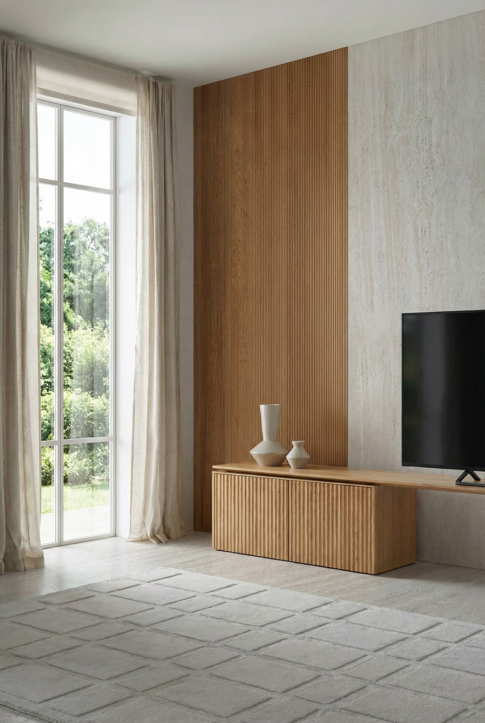 Elegante TV Bank aus Holz mit vertikalen Rillenfronten in einem hellen, modernen Wohnzimmer