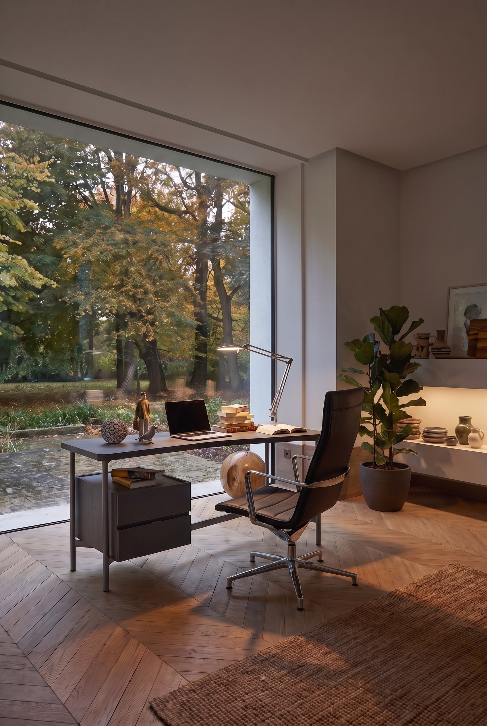 Modernes Home Office mit dunklem Schreibtisch am Fenster, beleuchteten Wandregalen und einer Chromleuchte.