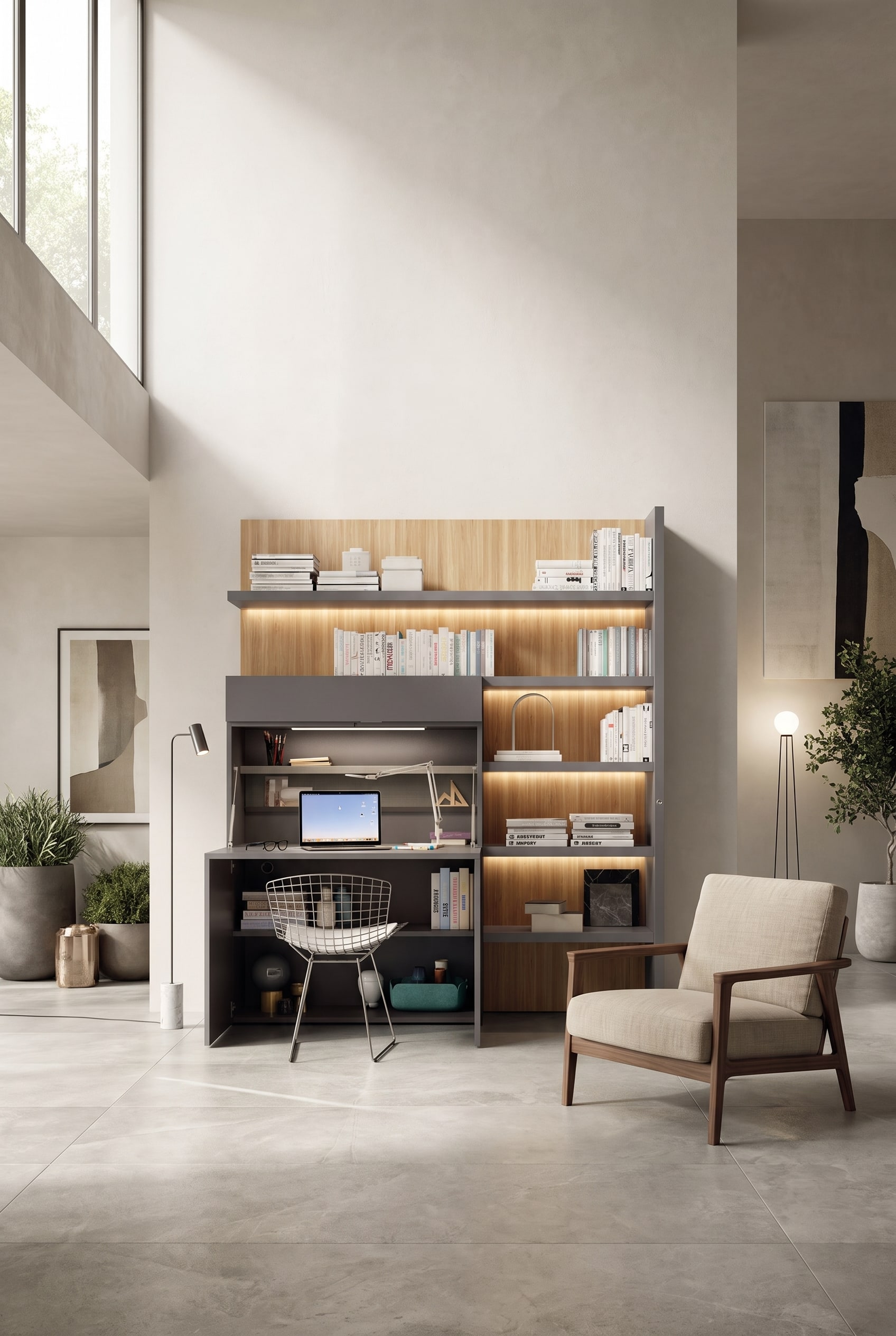 Elegantes graues Highboard mit integriertem Schreibtisch in einem hohen Wohnraum, der nahtlos in die Wohnumgebung übergeht