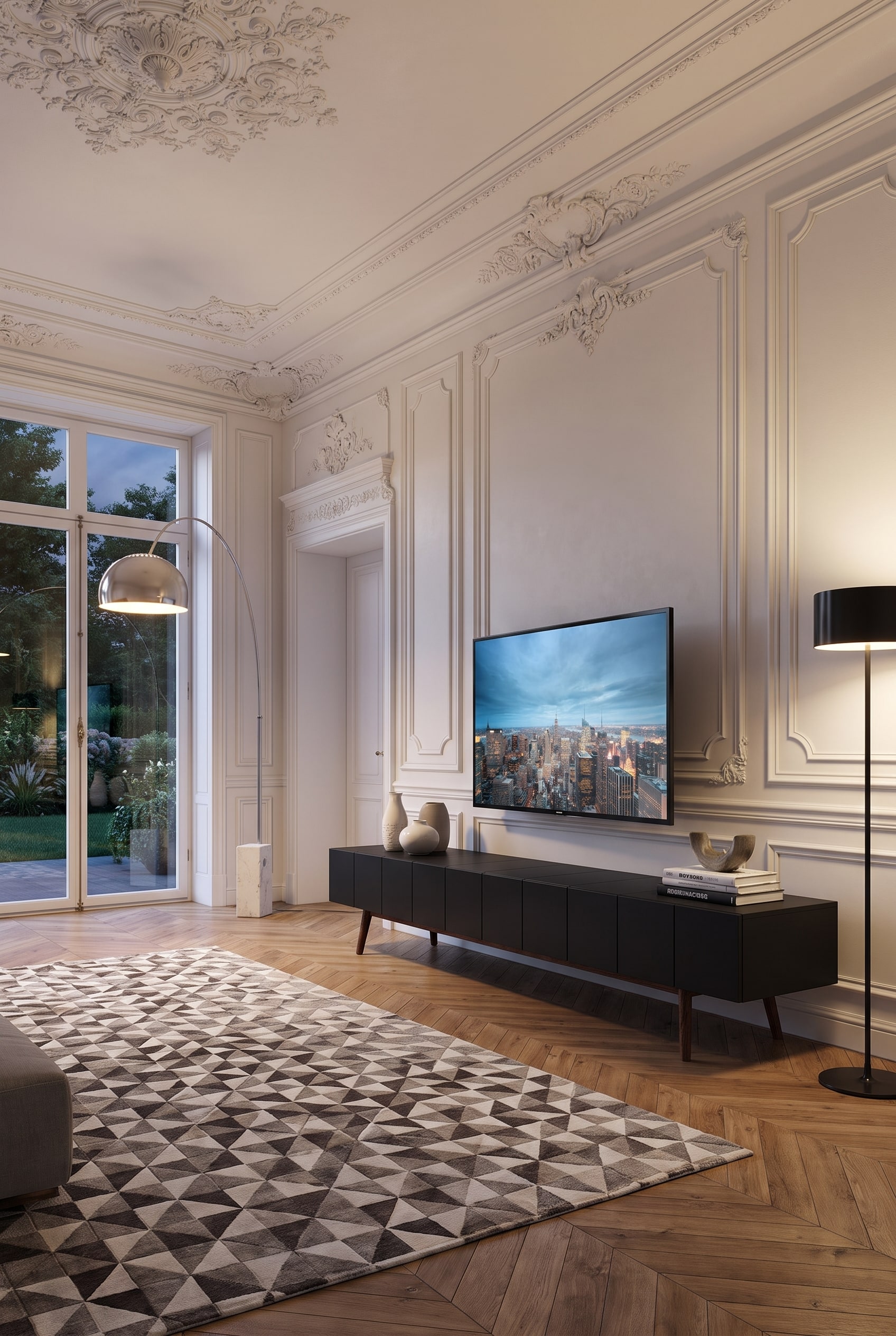 Mattes, griffloses Lowboard vor einer historischen Wand mit floralen Stuckkassetten im Altbau