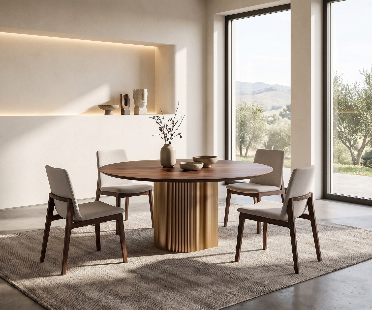 al2 dakry br 001 runder Esstisch mit Rillendesign-Mittelfuß Esstisch rund al2 dakry br 001 für Esszimmer, moderner runder Tisch mit weißer Marmorplatte und gerilltem Metallfuß.