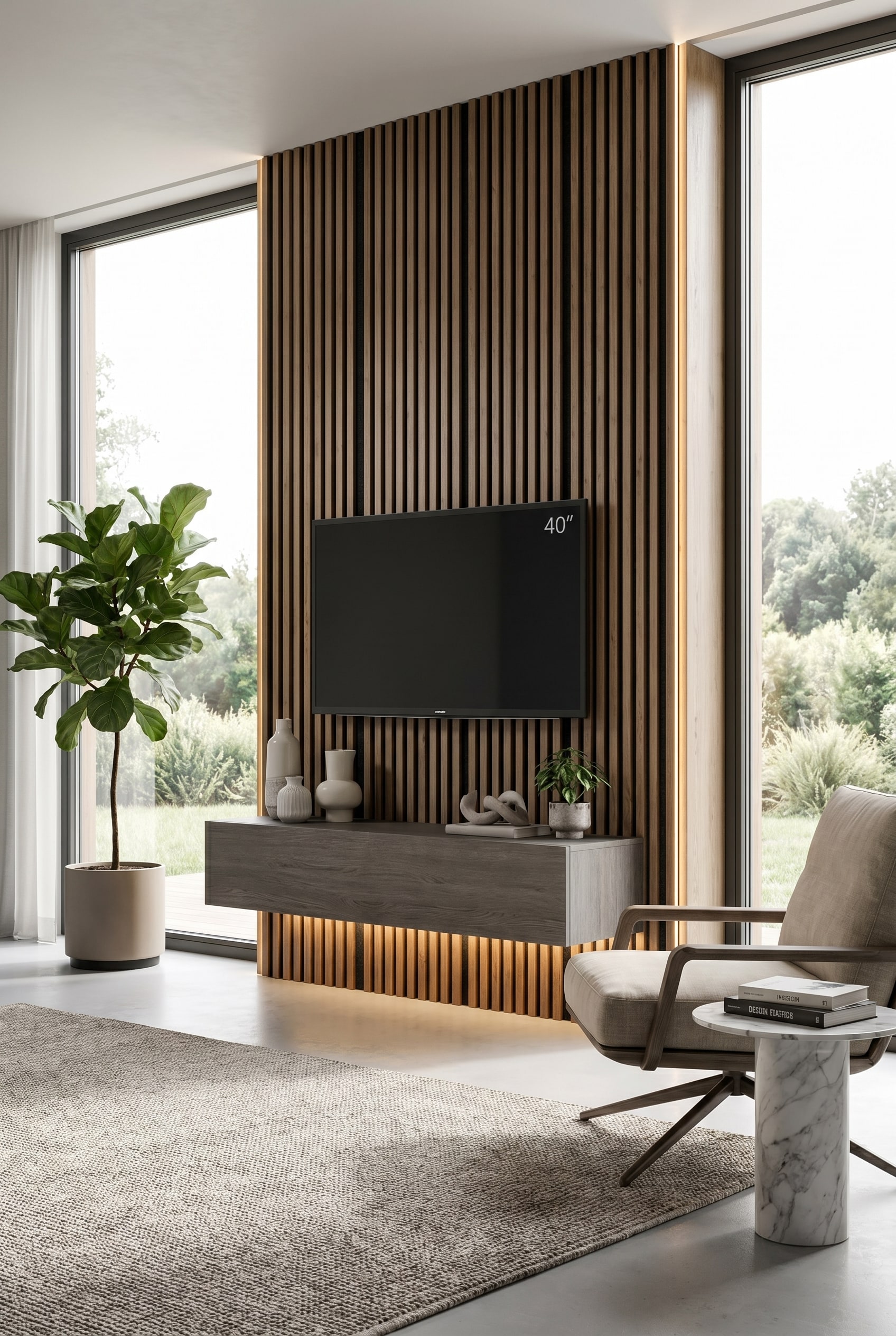 Graues Eichenholz-Lowboard wandh&auml;ngend montiert unter einem schwarzen Bildschirm im hellen Architektenhaus