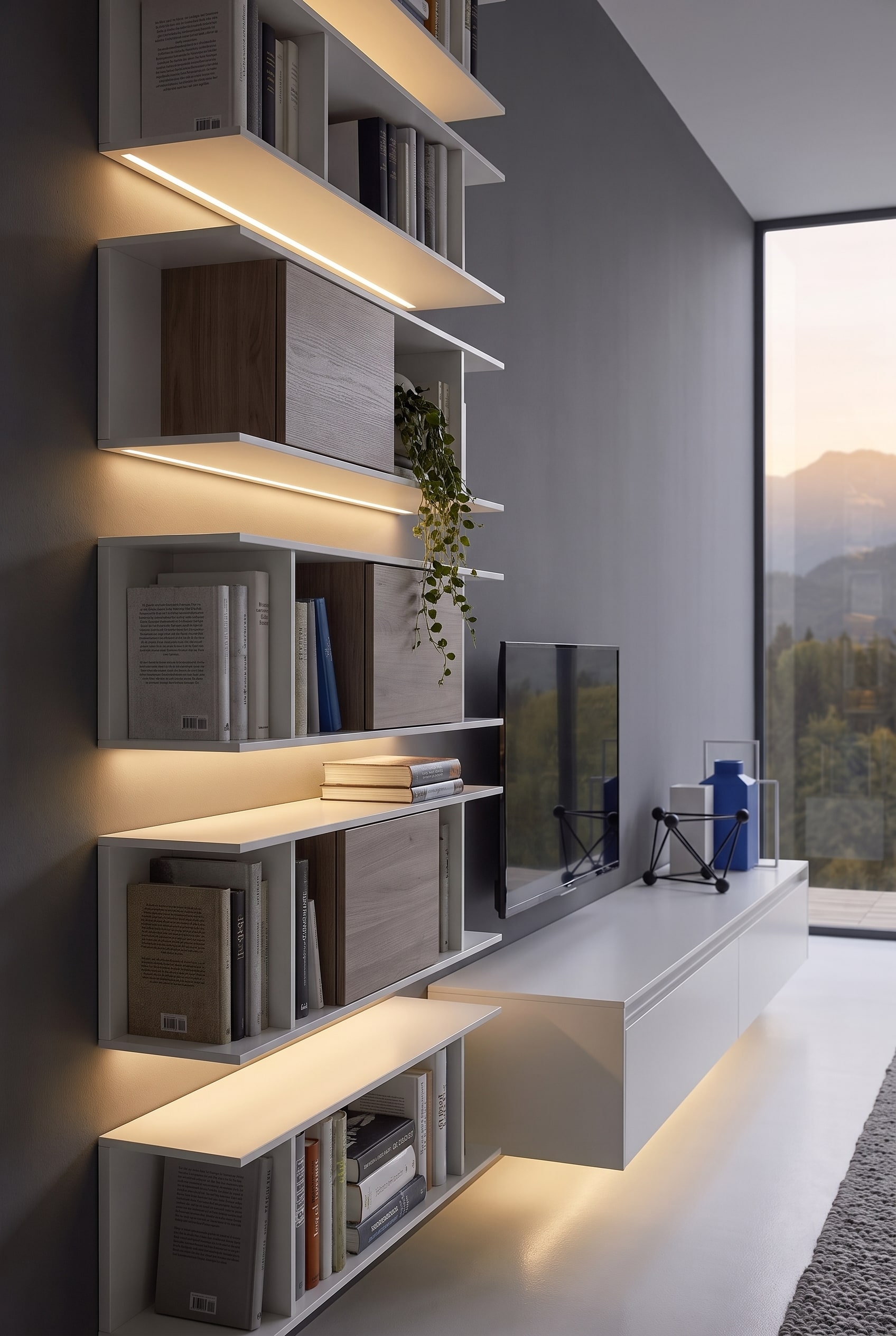 Offenes Wandregal neben dem Fernseher dekoriert mit B&uuml;chern und H&auml;ngepflanzen im modernen Design.