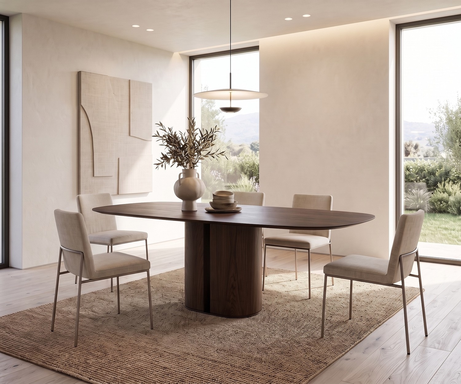 Esstisch al2 el-it c 001 aus dunklem Holz im minimalistischen Esszimmer mit modernen Stühlen und großem Fenster.