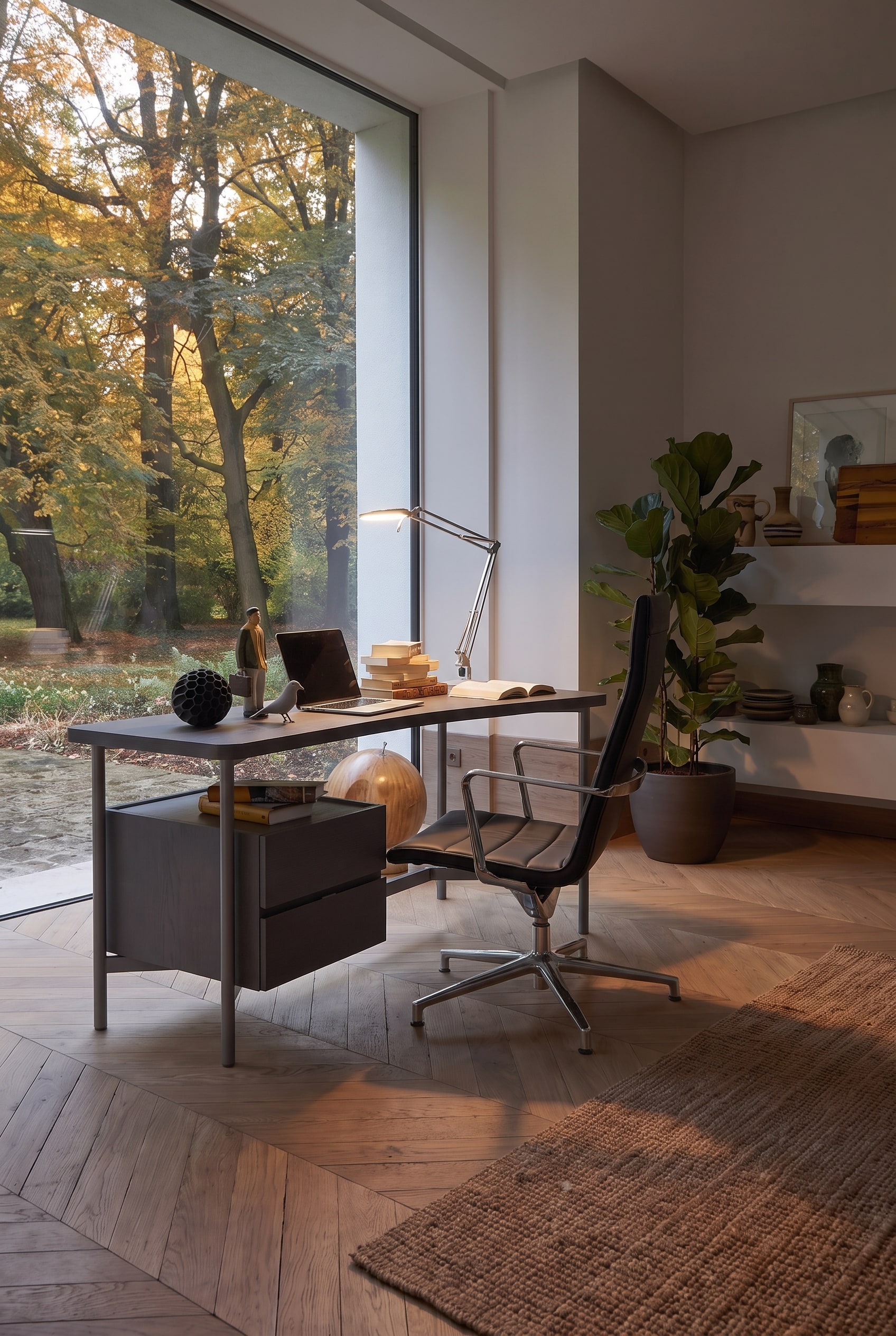 Seitenansicht des dunklen Schreibtisches vor einem gro&szlig;en Fenster, die das schwebende Design der Tischplatte betont.