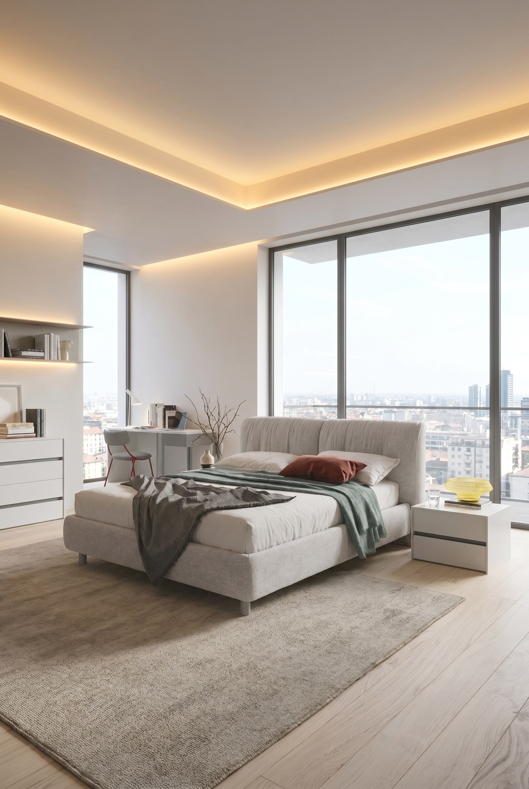 Modernes Schlafzimmer mit bodentiefen Fenstern, einem großen Polsterbett in Hellgrau, beigem Wollteppich und minimalistischen weißen Nachttischen im sanften Gegenlicht