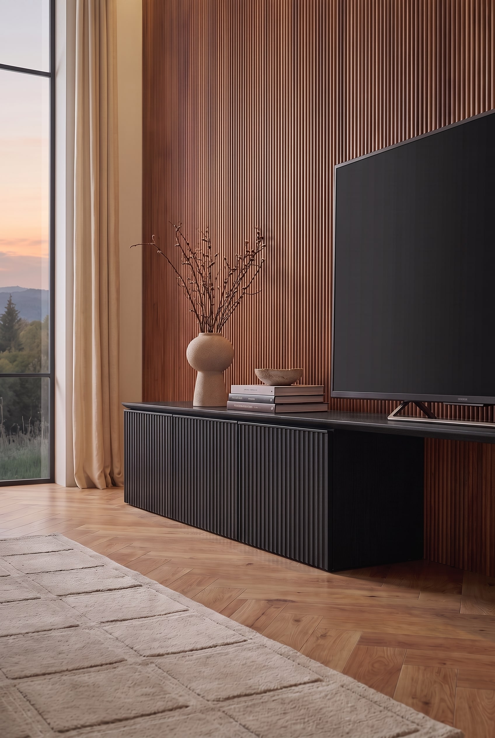 Detail des schwarzen Lowboards mit geriffelter Front. Darauf stehen eine beige Vase mit Zweigen und einige Bücher neben dem Fernseher.