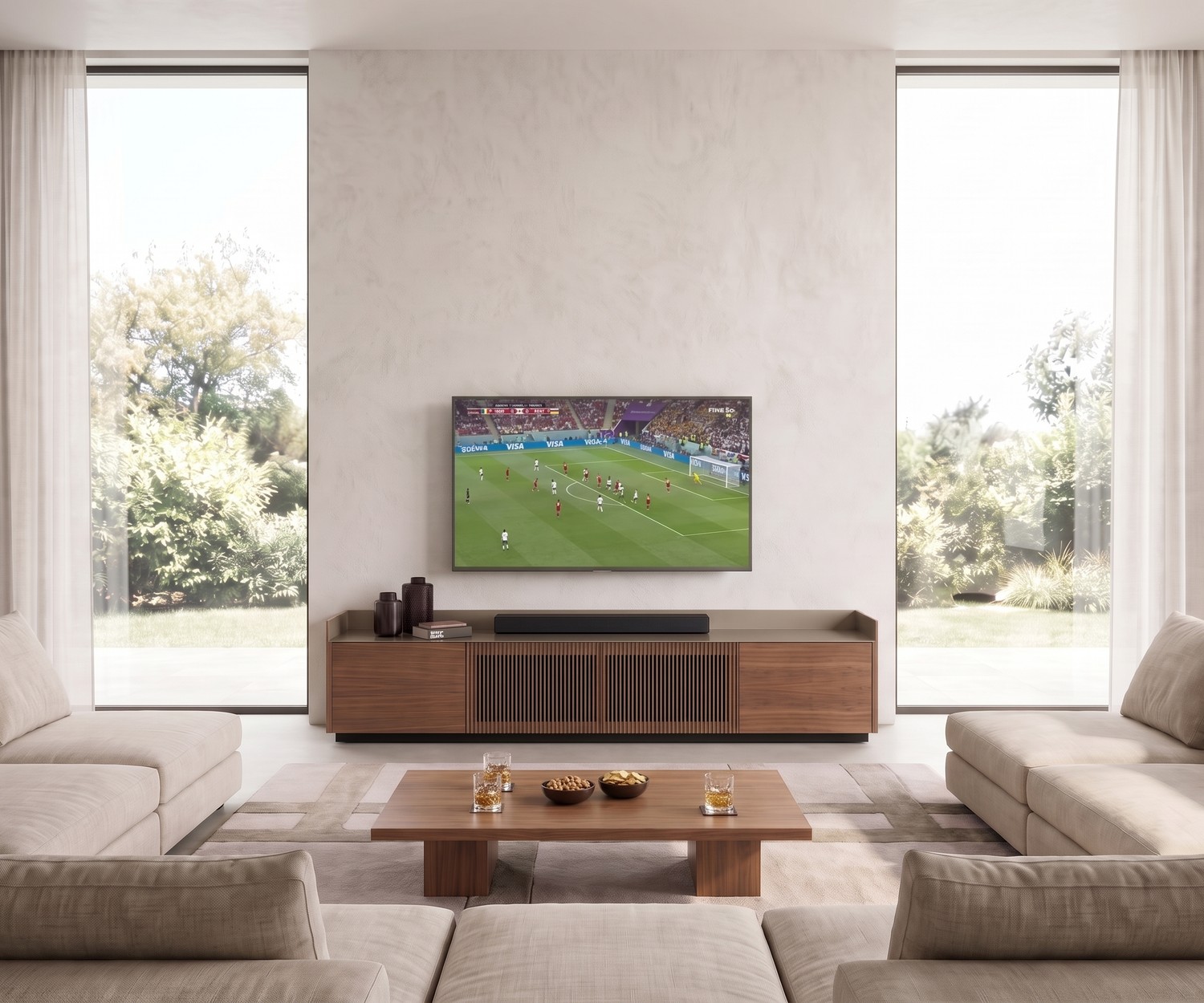 Punt Stockholm TV Lowboard aus Nussbaum im modernen Wohnzimmer. Stilvolles TV-Möbel mit eleganter Aluminium-Abdeckplatte.