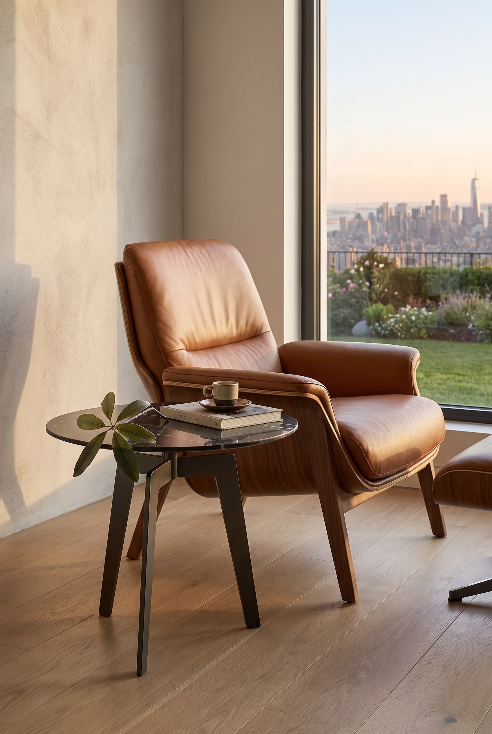Ein eleganter Beistelltisch neben einem gem&uuml;tlichen Loungesessel in einem modern eingerichteten Wohnzimmer.