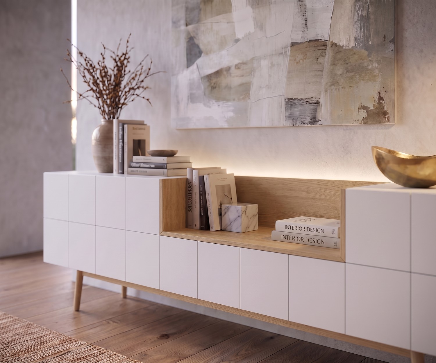al2 Design Sideboard MOS-I-KO 003 A aus Holz und Lack al2 Sideboard MOS-I-KO 003 A als Anrichte im Wohnzimmer, Weiß lackiert und Eiche massiv im modernen Retro-Stil.