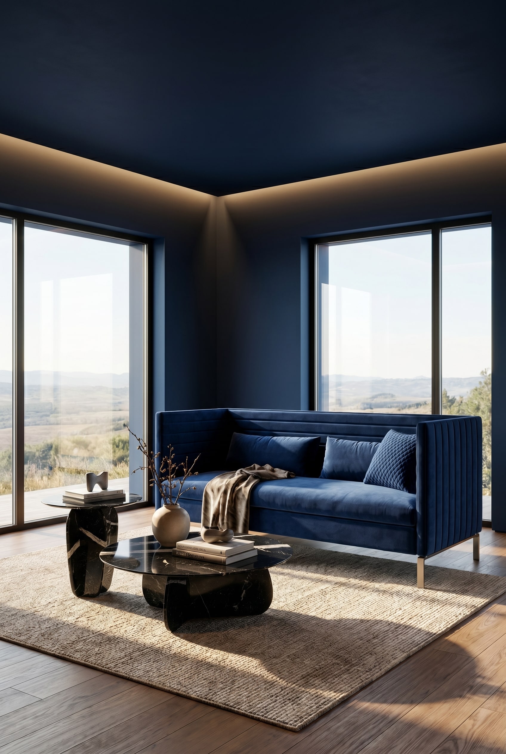 Wohnzimmer mit dunklem Cocooning-Farbkonzept in Mitternachtsblau und einem luxuri&ouml;sen blauen Sofa mit vertikaler Steppung