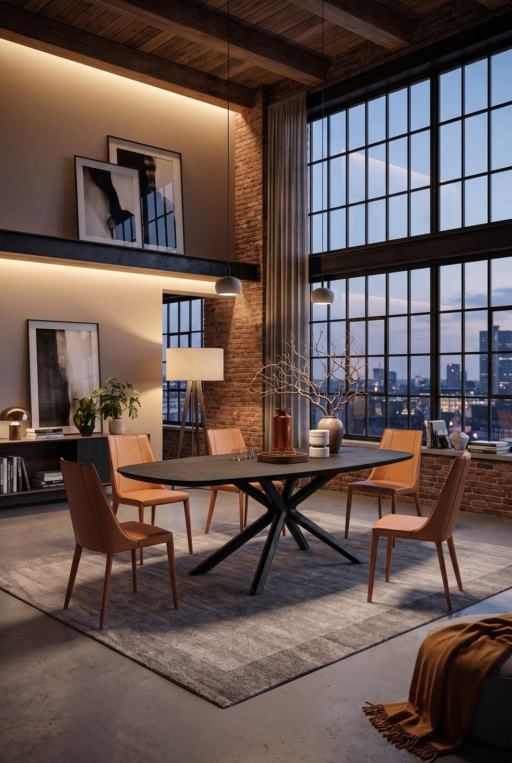 Weitläufiges Esszimmer im Loft mit einem großen dunklen Esstisch mit Kreuzgestell und modernen Stühlen
