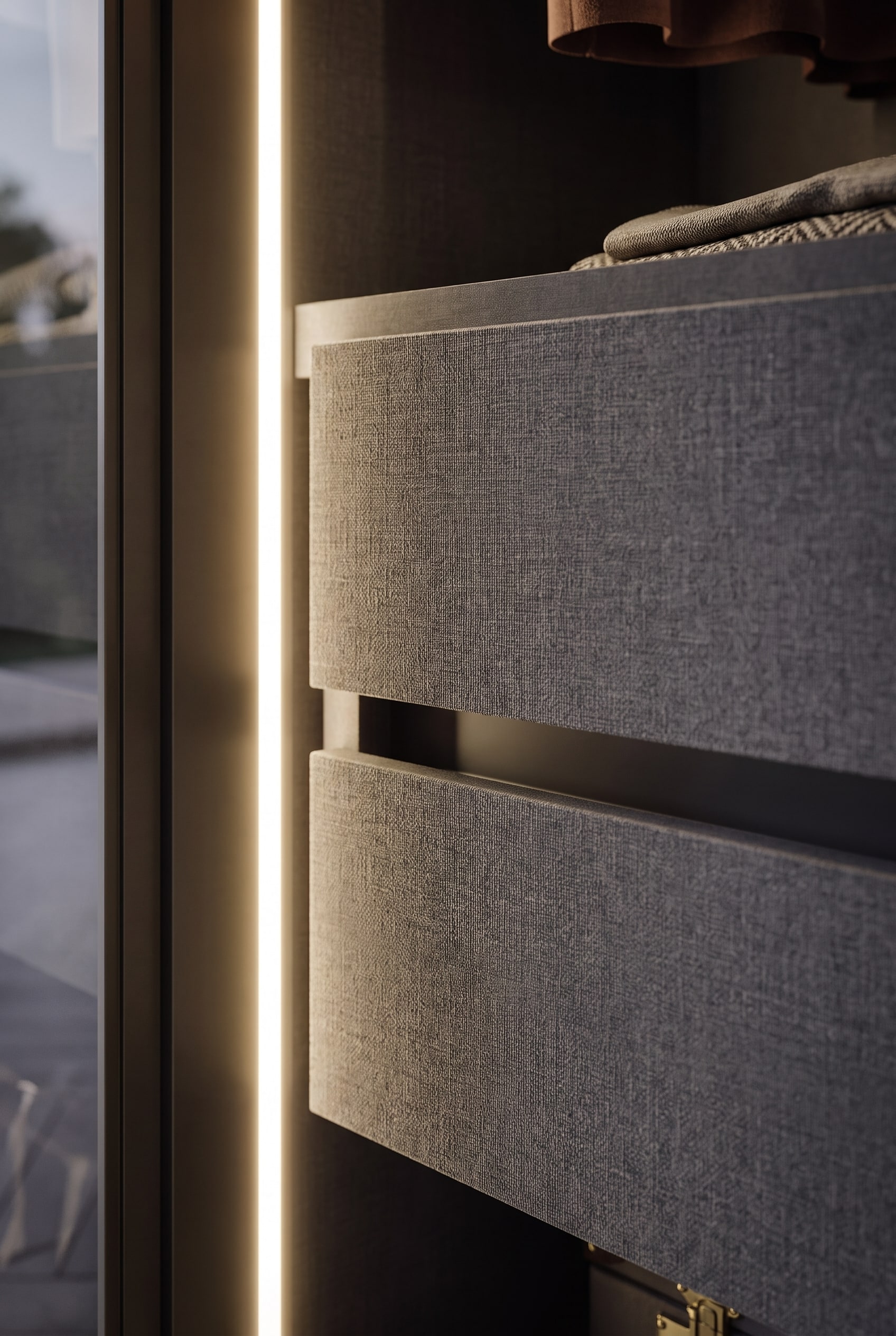 Makroaufnahme von strukturierten Schubladenfronten in einem Kleiderschrank, beleuchtet durch einen vertikalen LED-Streifen.