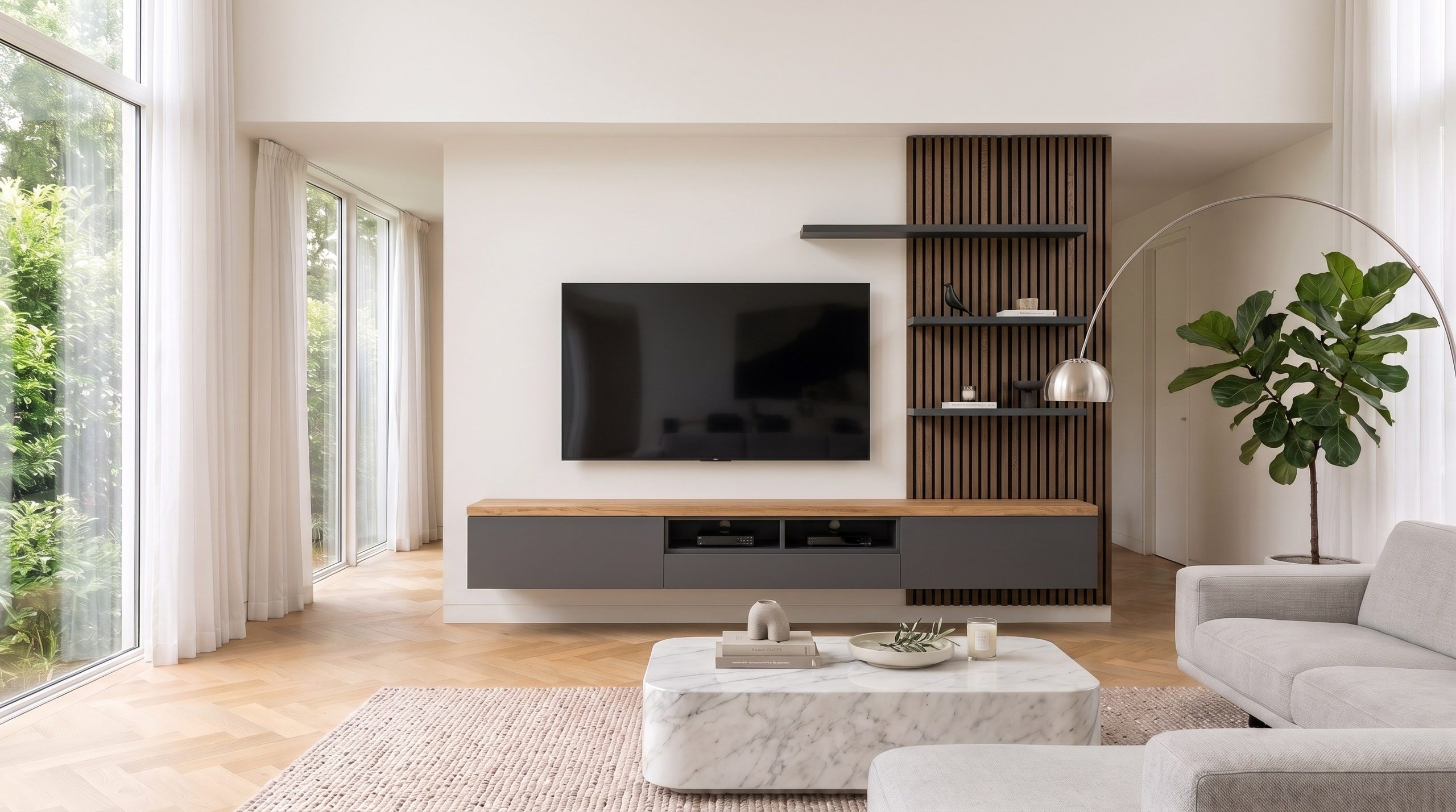 Wohnzimmer mit wandhängendem Livitalia Lowboard C101 in Dunkelgrau mit heller Holzabdeckplatte unter dem Fernseher, daneben ein Lamellenpaneel mit Regalböden