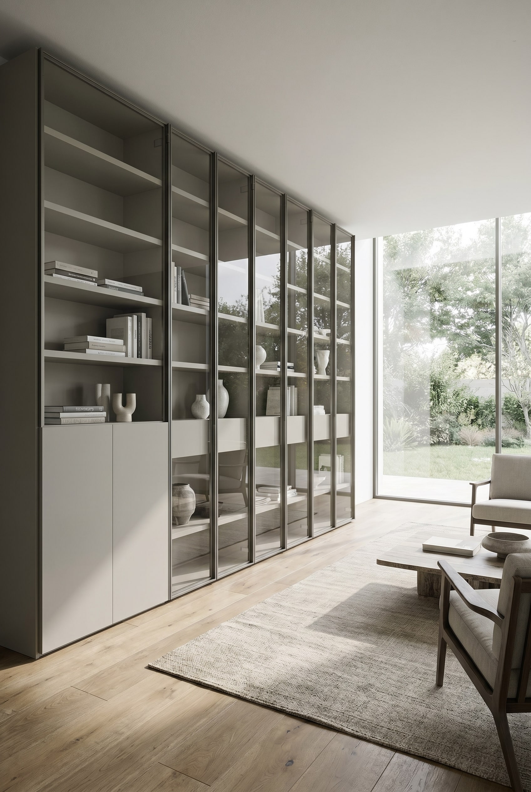 Graues modulares Metallregal mit extrem schlanken Profilen und Büchern in moderner heller Architektur