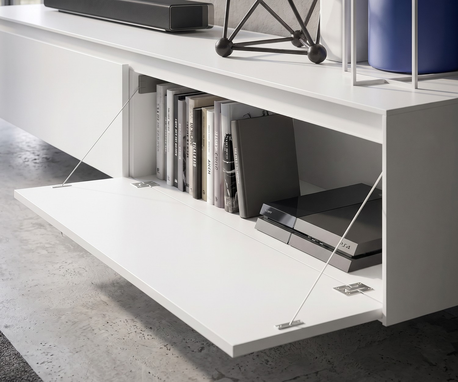 TV Lowboard Novamobili Reverse in Weiß matt mit Klappe TV Lowboard Novamobili Reverse für das Wohnzimmer mit offener Klapptür, Stauraum für Spielekonsole, modernes Weiß matt