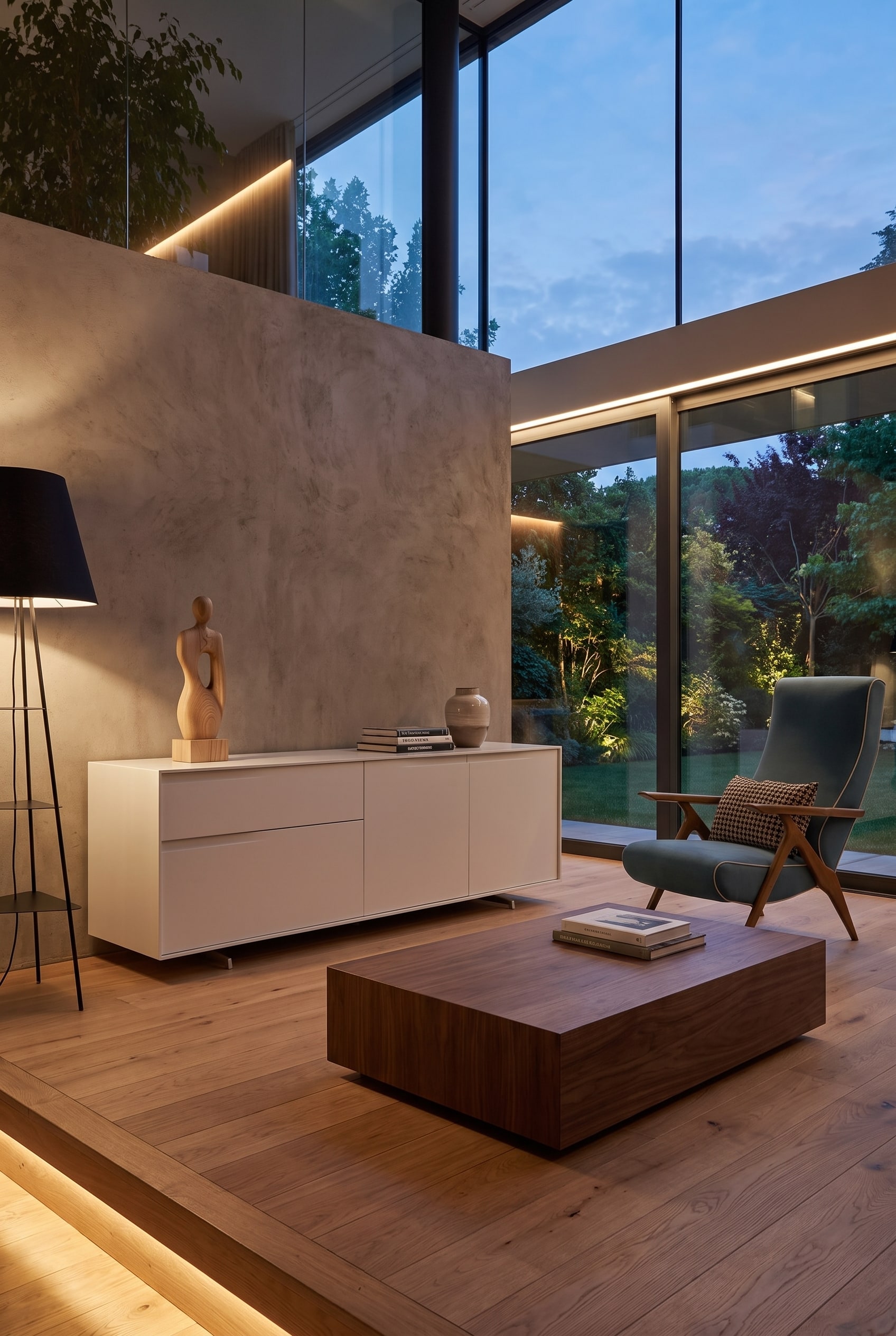 Wei&szlig;es minimalistisches Sideboard als Puffer zwischen Holztisch und Holzboden