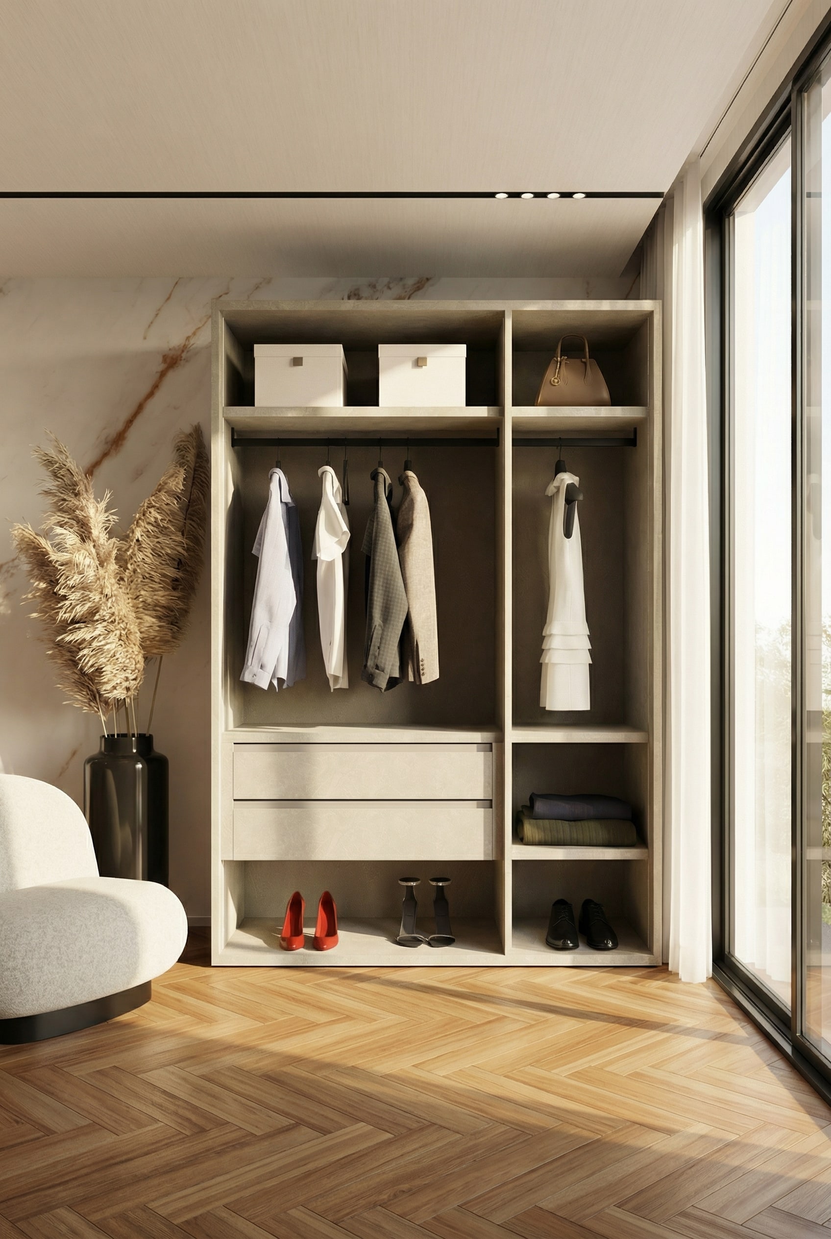 Offenes Kleiderschrank System in einem modernen Schlafzimmer ohne T&uuml;ren