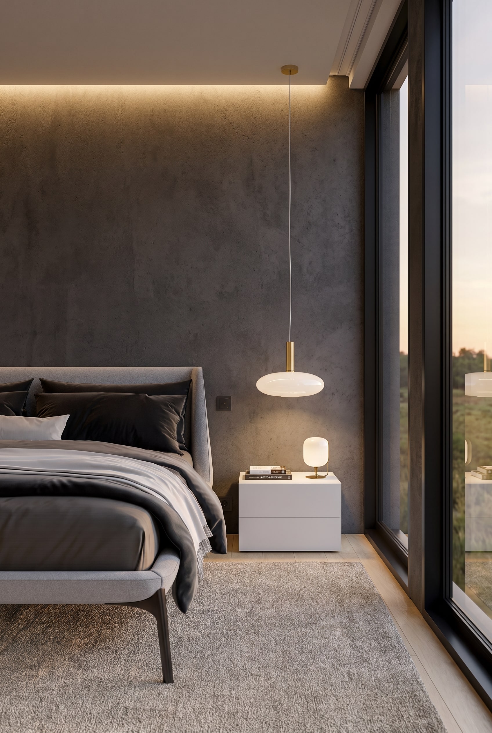 Modernes minimalistisches Schlafzimmer mit dunkelgrauer Wand, schlichtem Polsterbett und dem wei&szlig;en Novamobili Nachttisch Easy 2 Schubladen