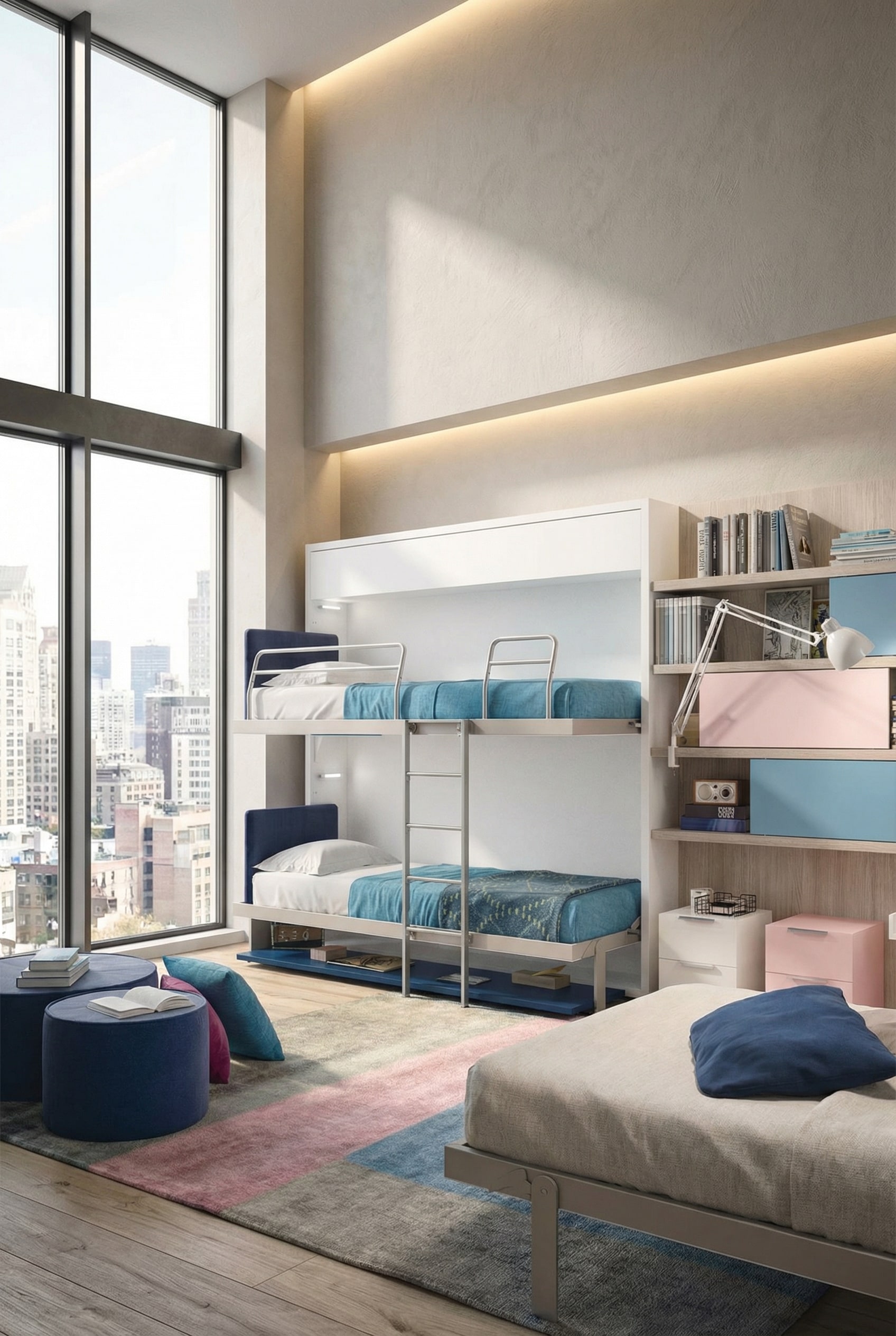 Modernes Schrankbett als Etagenbett ausgeklappt in einer stilvollen Einzimmerwohnung Modernes Schrankbett als Etagenbett ausgeklappt in einer stilvollen Einzimmerwohnung