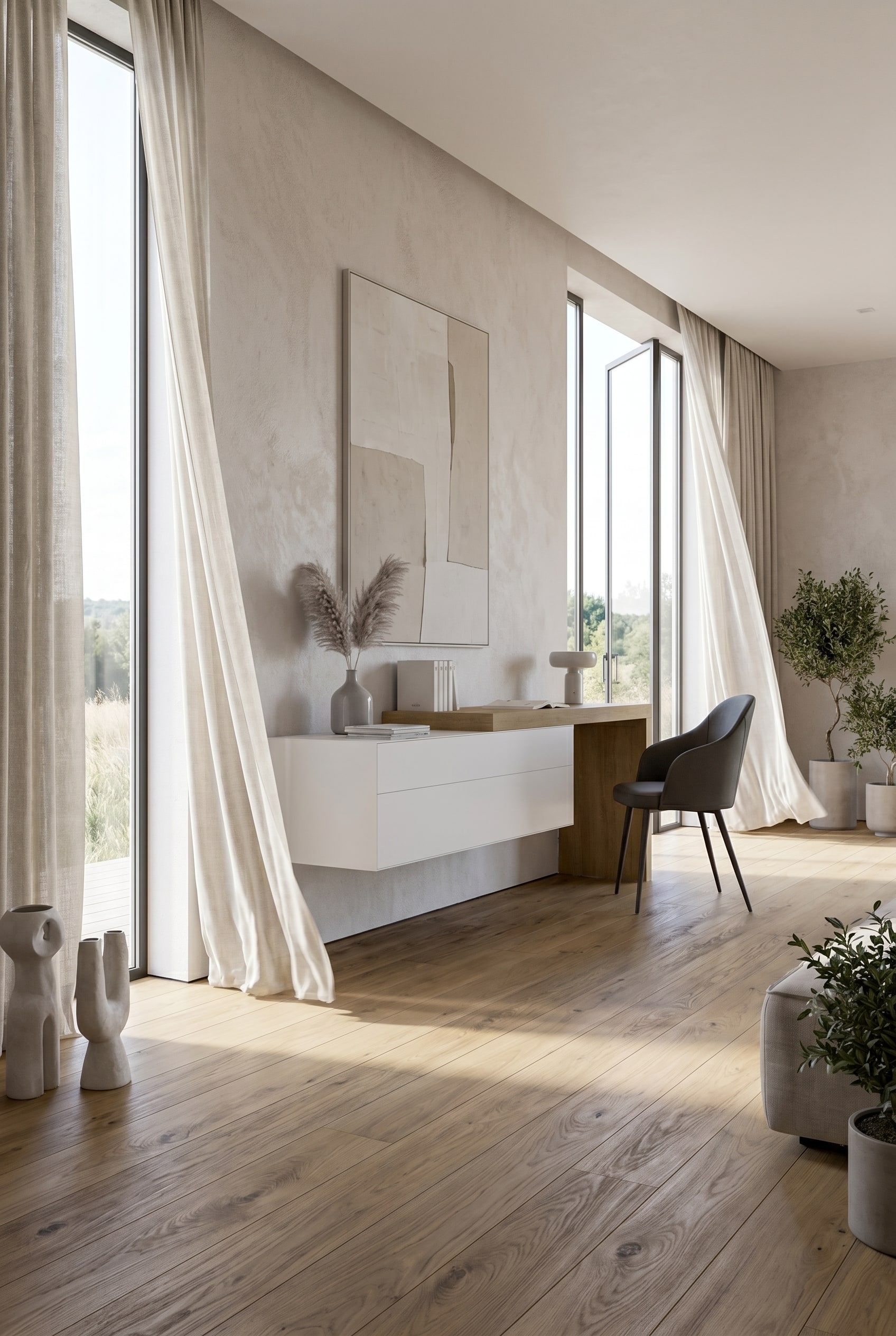 Lange, horizontale schwebende Wandkommode in einem hellen, luxuri&ouml;sen Wohnzimmer.