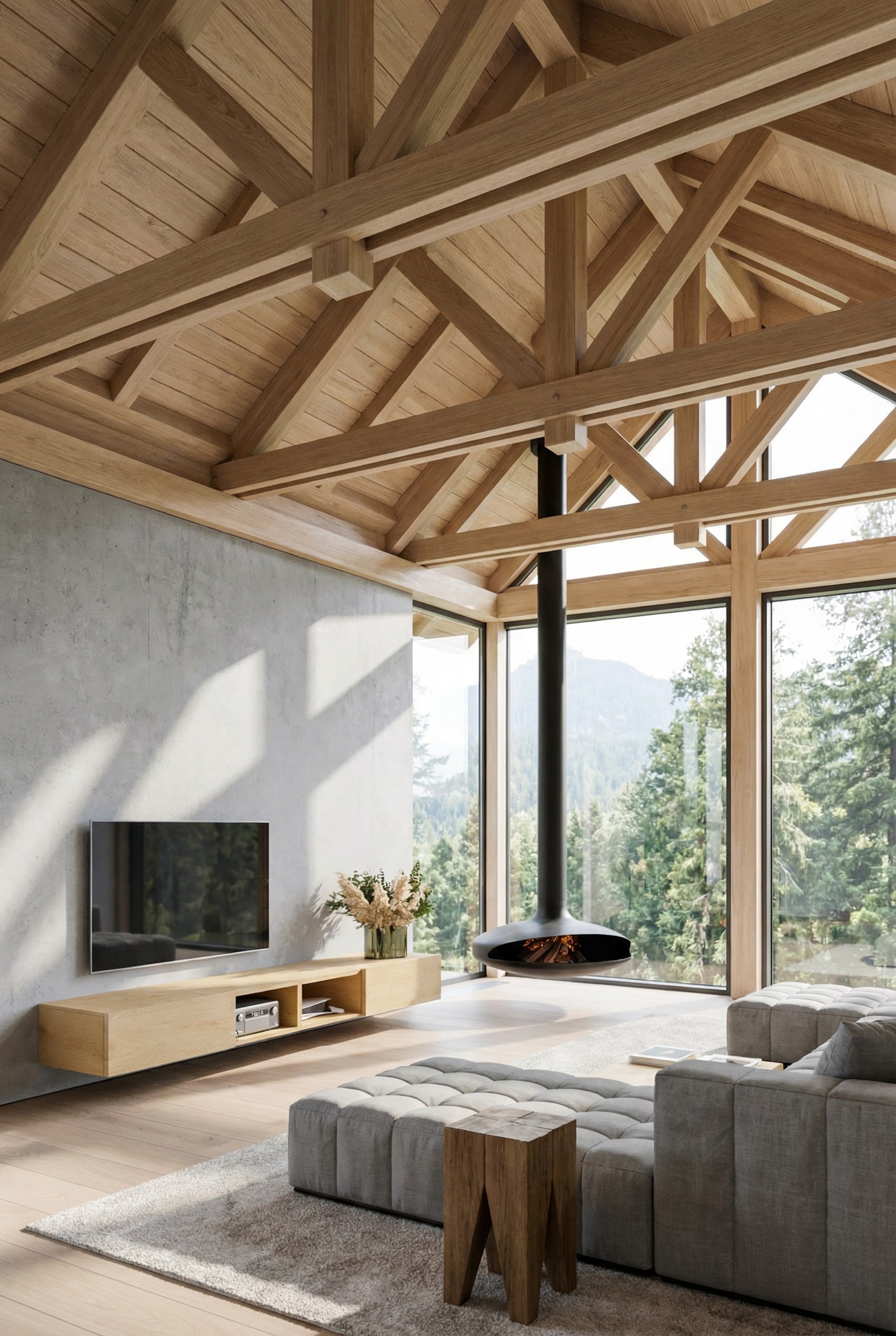 Holz Lowboard vor einer modernen Betonwand im Wohnzimmer Holz Lowboard vor einer modernen Betonwand im Wohnzimmer
