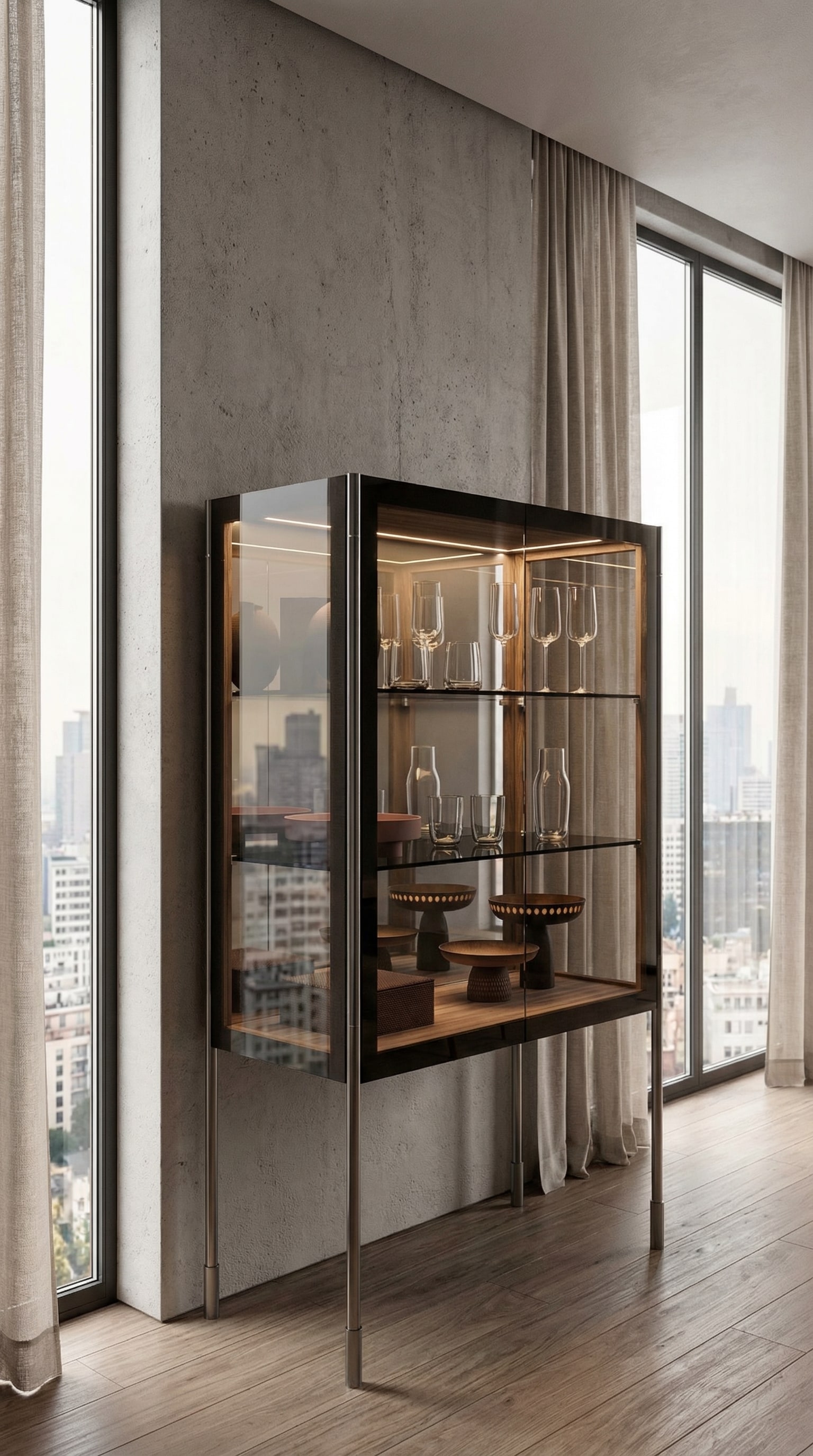Capo d´Opera Spin Highboard Glasvitrine mit kuratierten Kunstobjekten im Inneren. Capo d´Opera Spin Highboard Glasvitrine mit kuratierten Kunstobjekten im Inneren.