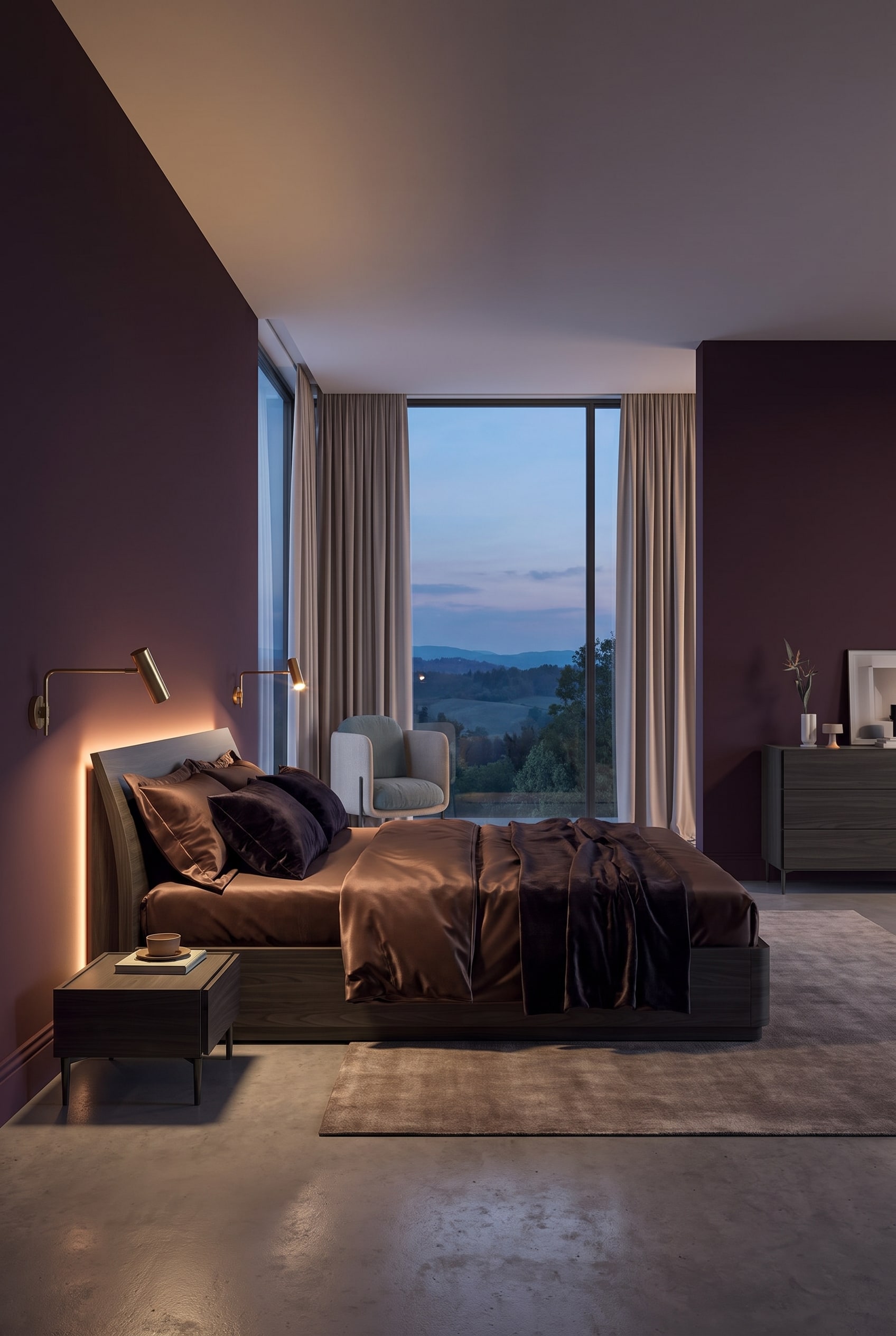 Luxuri&ouml;ses Schlafzimmer in Aubergine mit dunkelbraunem Holzbett und indirekter Wandbeleuchtung