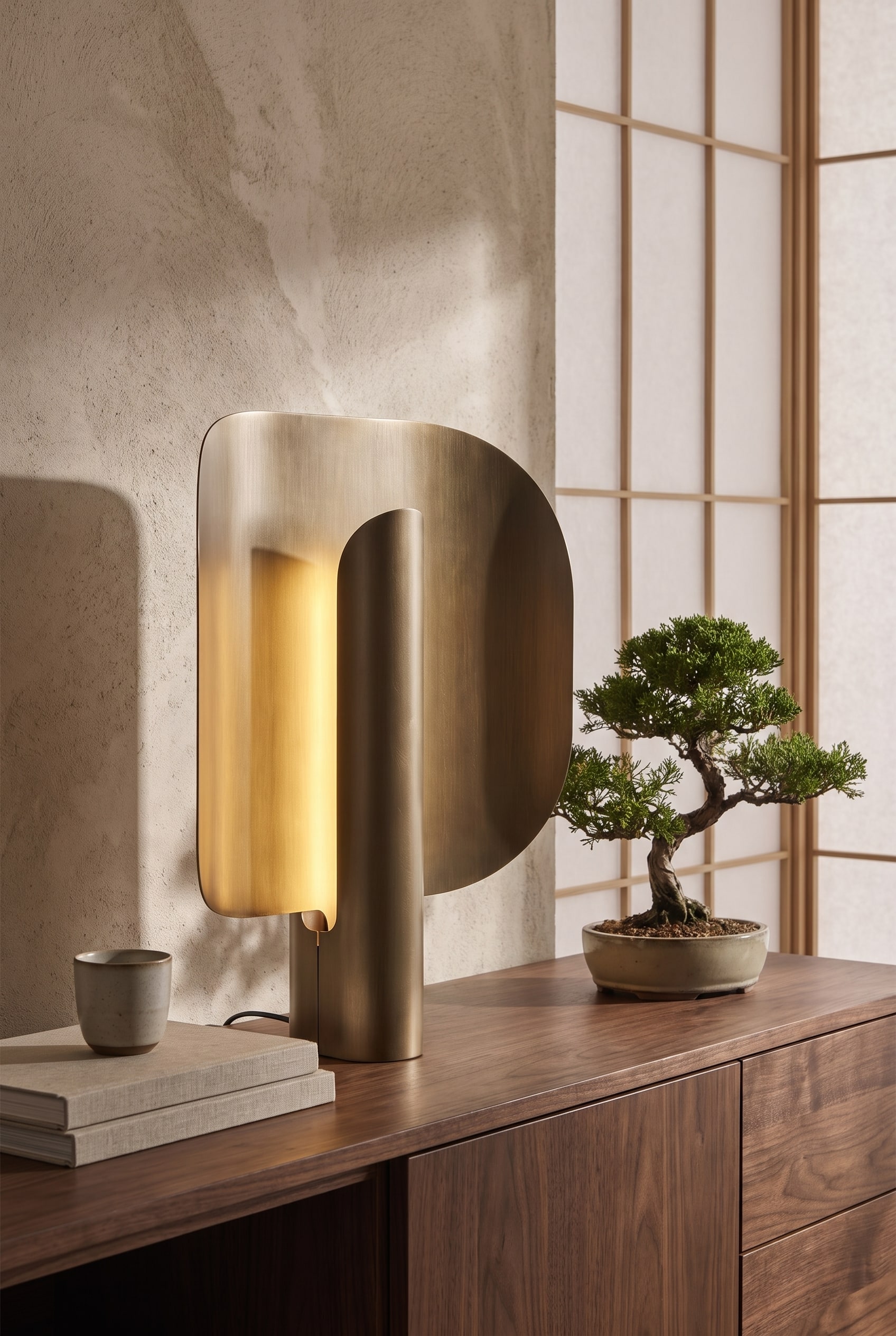 Detailaufnahme eines Sideboards aus Walnussholz mit einer Tischleuchte mit Holzschirm, die warmes Licht verstr&ouml;mt