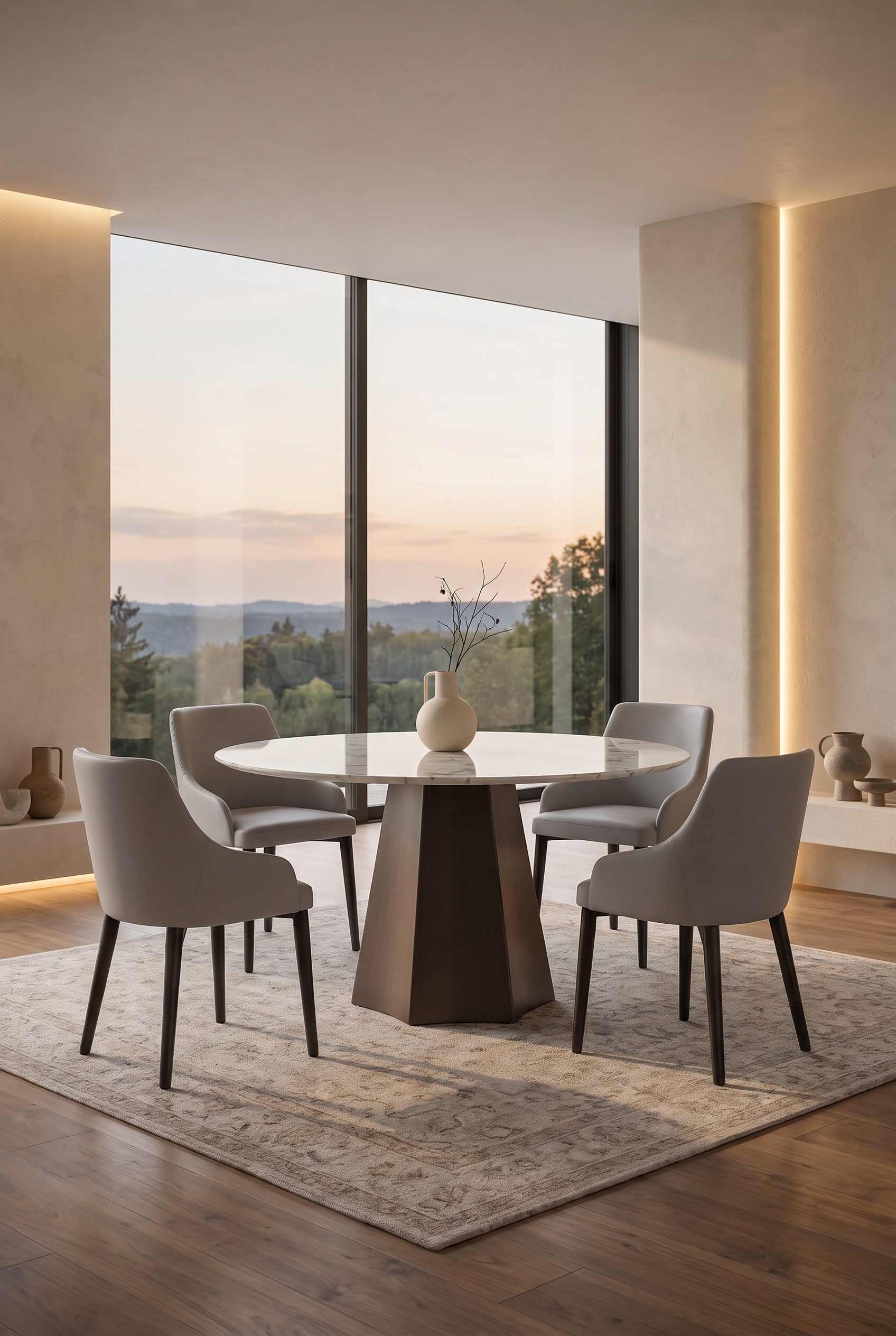 Ein luxuri&ouml;ses Esszimmer mit dem runden Livitalia Keramik Esstisch Poliedro als stilvollem Mittelpunkt.
