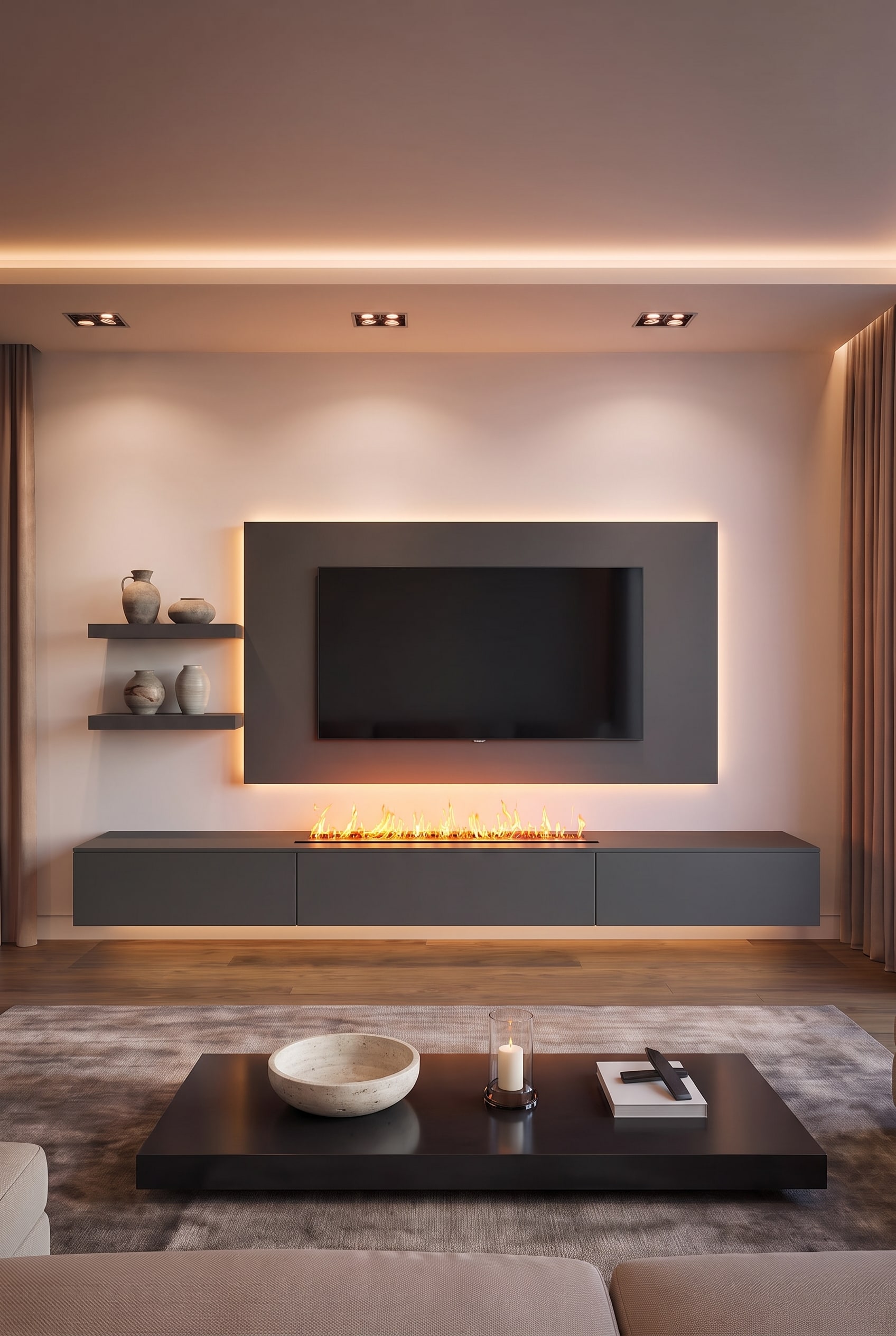 Breites, schwebendes Lowboard mit TV-Paneel und optionalem E-Kamin