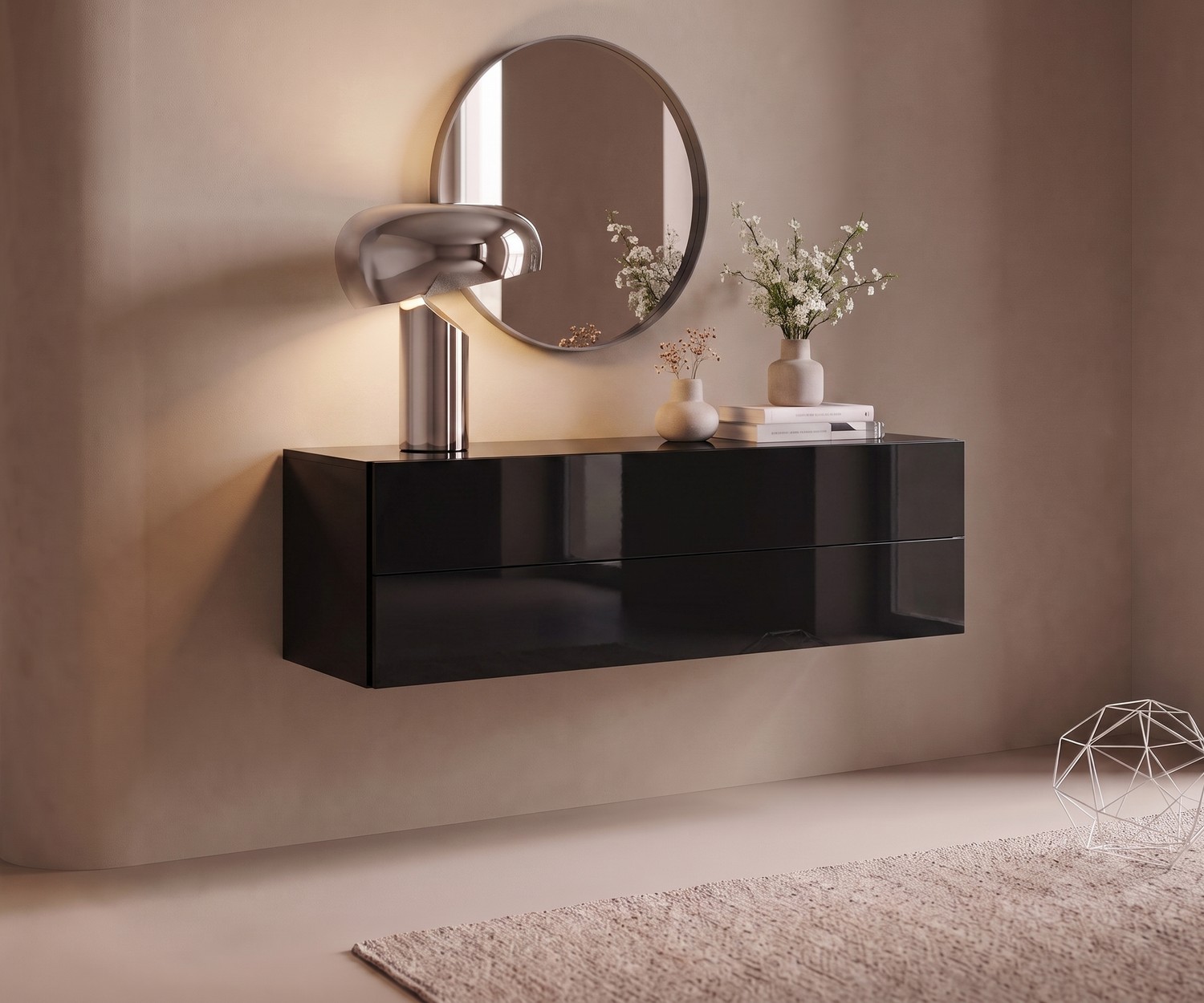 Hängekommode Easy in Schwarz Hochglanz Hängekommode Easy von Novamobili als Flur-Sideboard in Schwarz Hochglanz für ein minimalistisch modernes Wohndesign.