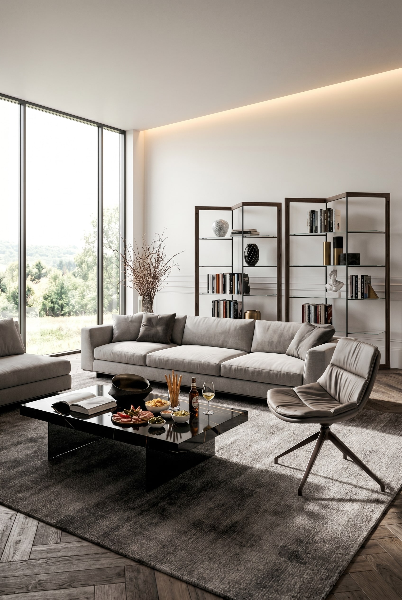 Modernes Wohnzimmer mit gro&szlig;z&uuml;gigem rechteckigem Ozzio Bellagio Couchtisch aus Glas und Holz, platziert vor einem eleganten Stoffsofa