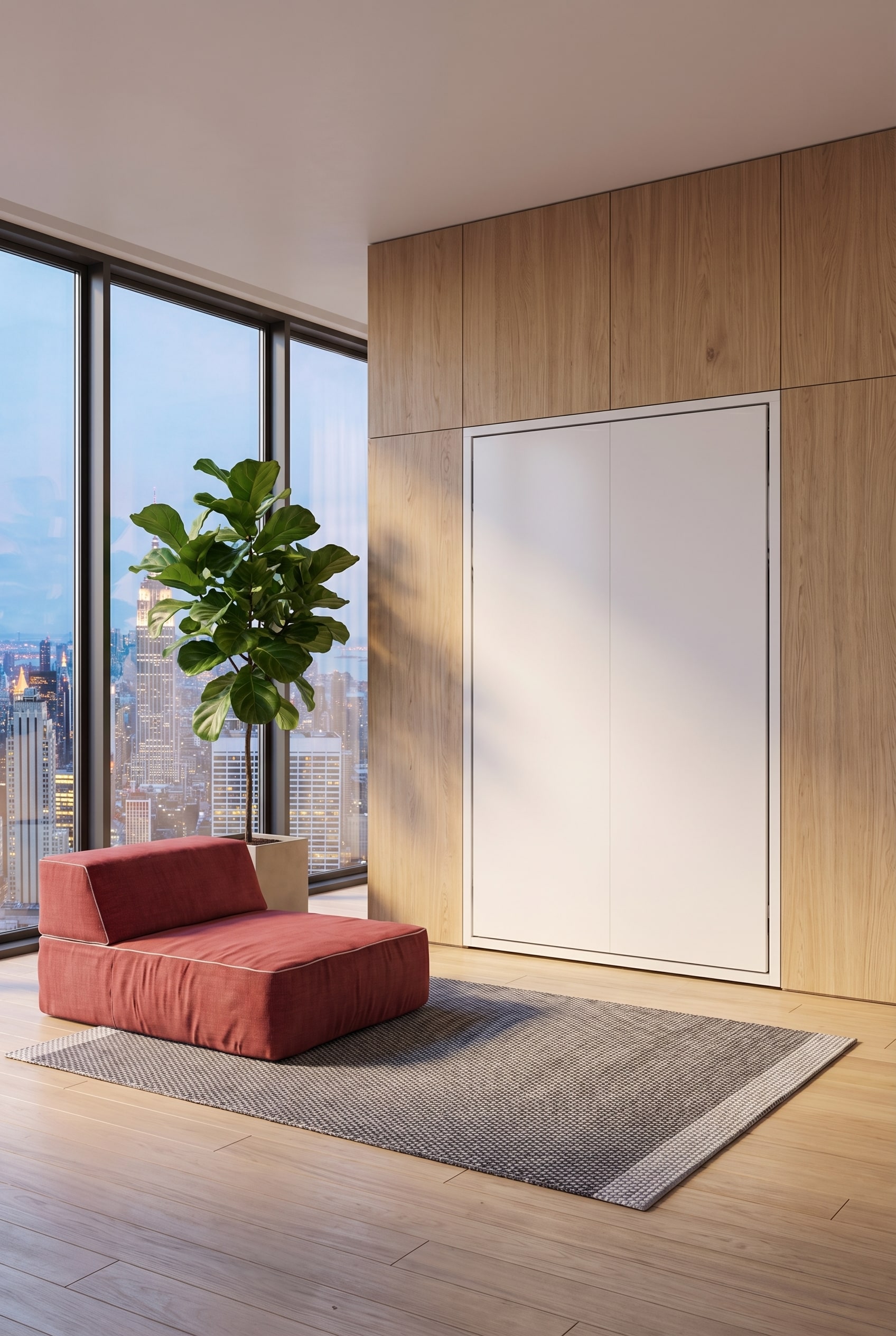 Minimalistischer Raum mit einem v&ouml;llig fl&auml;chenb&uuml;ndig integrierten Bettschrank, der wie eine luxuri&ouml;se Wandvert&auml;felung wirkt.