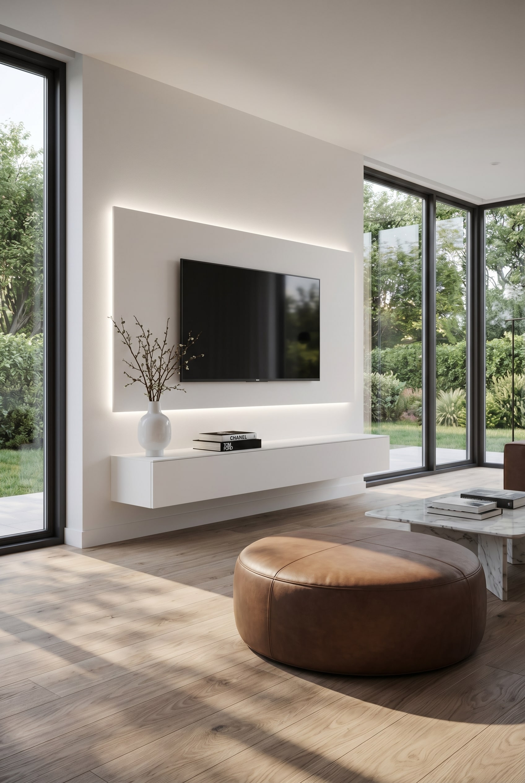 Schwebendes TV Wandboard Super in einem minimalistischen, lichtdurchfluteten Luxus-Wohnzimmer