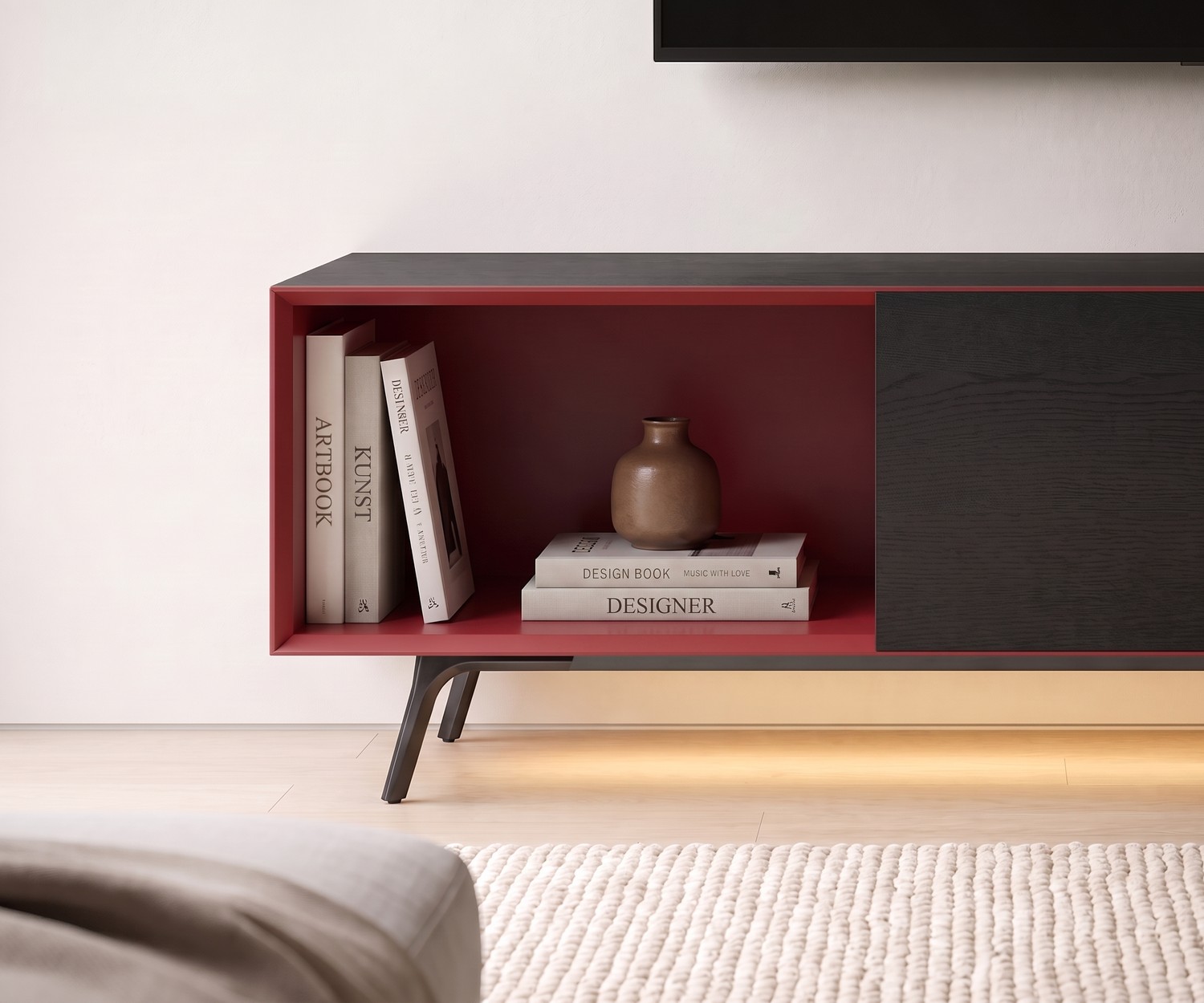 Livitalia Minimal Lowboard mit offenem Fach in Rot und dunkler Eiche für das Wohnzimmer.