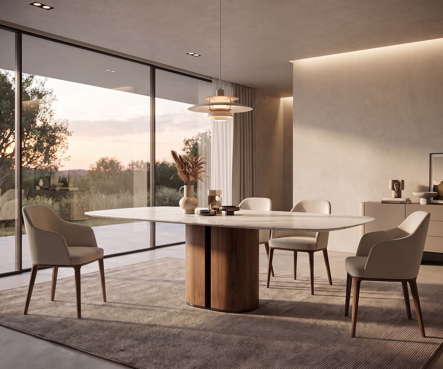 al2 el-it c 001 Esstisch mit Holzsockel & Keramikplatte al2 el-it c 001 Esstisch im modernen Esszimmer. Ovaler Design-Tisch mit Holzfuß und weißer Marmorplatte, minimalistischer Stil.