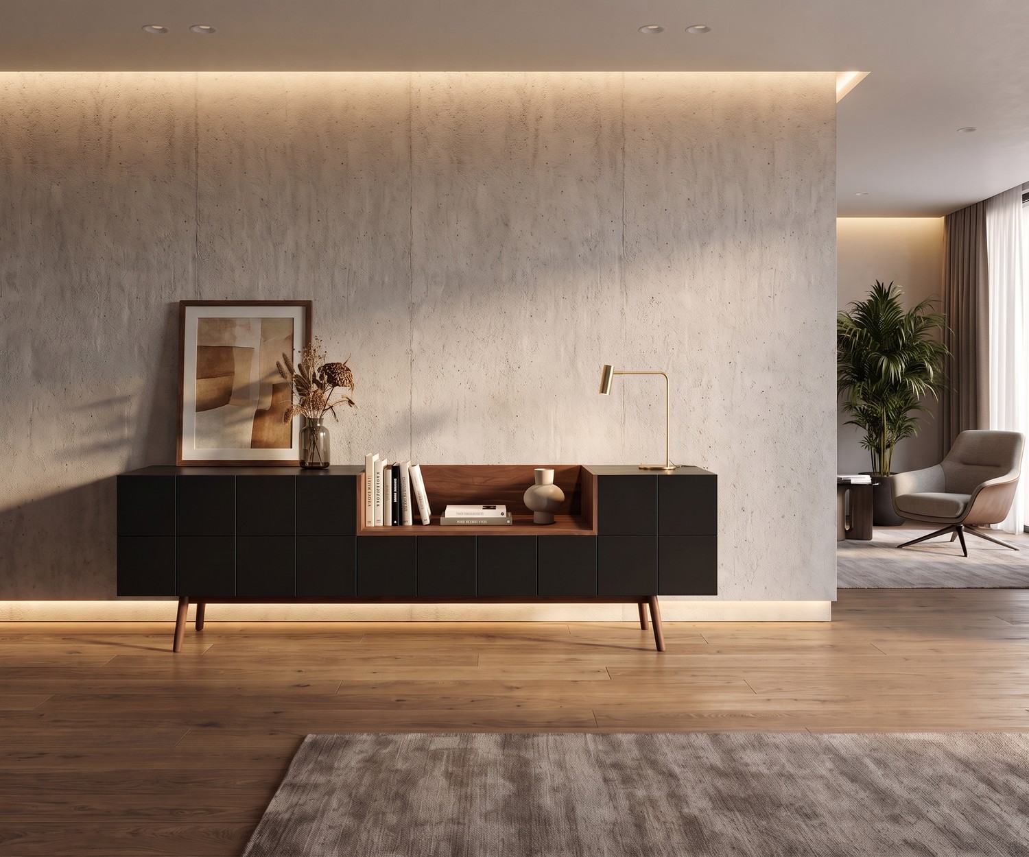 al2 Retro-Design Sideboard MOS-I-KO mit offenem Holz-Fach al2 Design Sideboard MOS-I-KO 003 A im Wohnzimmer aus Holz und Mattlack für stilvollen Stauraum im modernen Retro-Look.