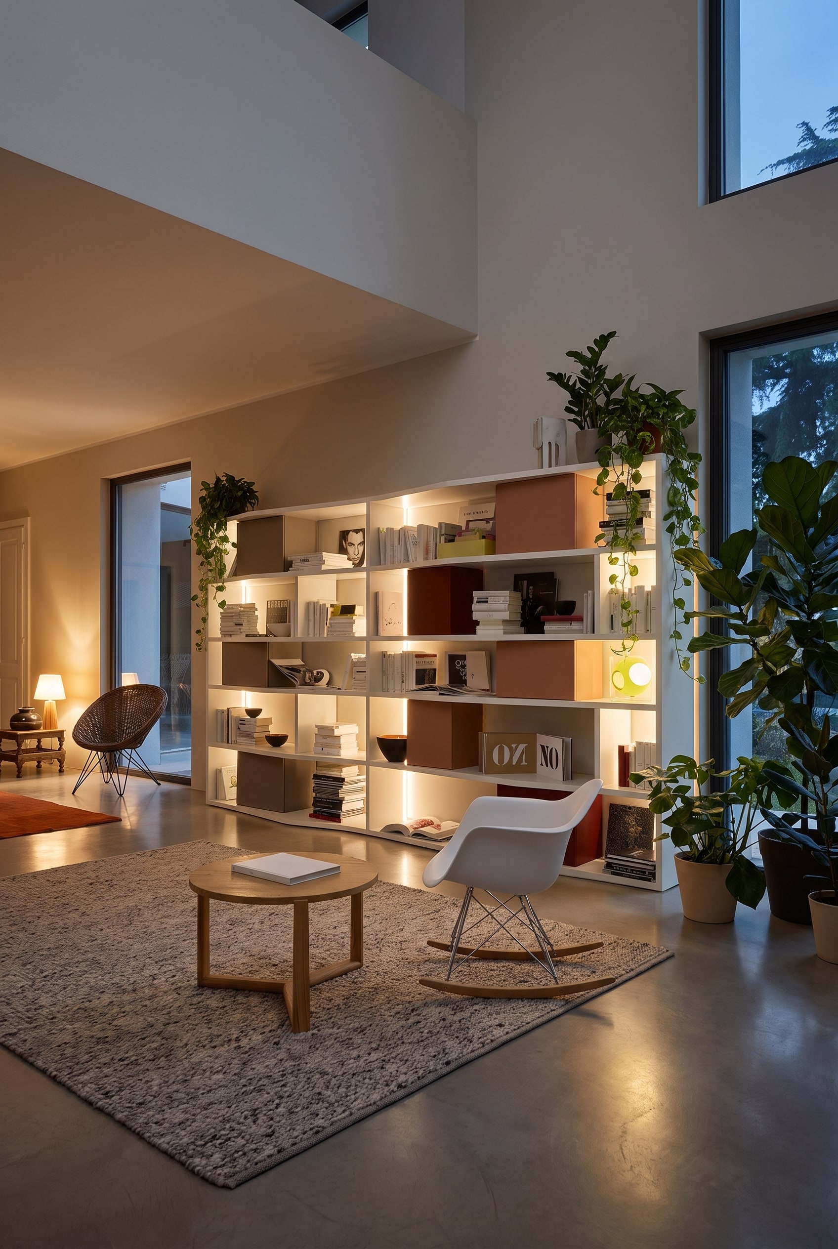 Deckenhohes weißes Bücherregal mit integrierten farbigen Boxen in einem großen hellen Loft-Wohnzimmer