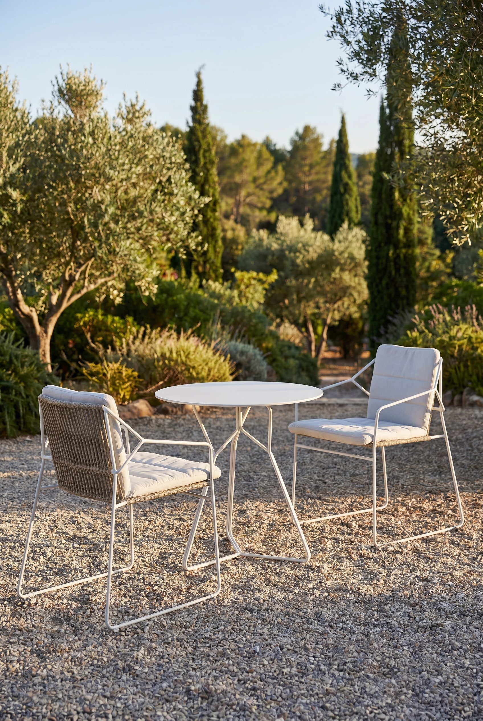 Mediterrane Terrasse auf trockenem Schotterboden mit minimalistischen wei&szlig;en Gartenst&uuml;hlen aus Edelstahl und Seilbespannung