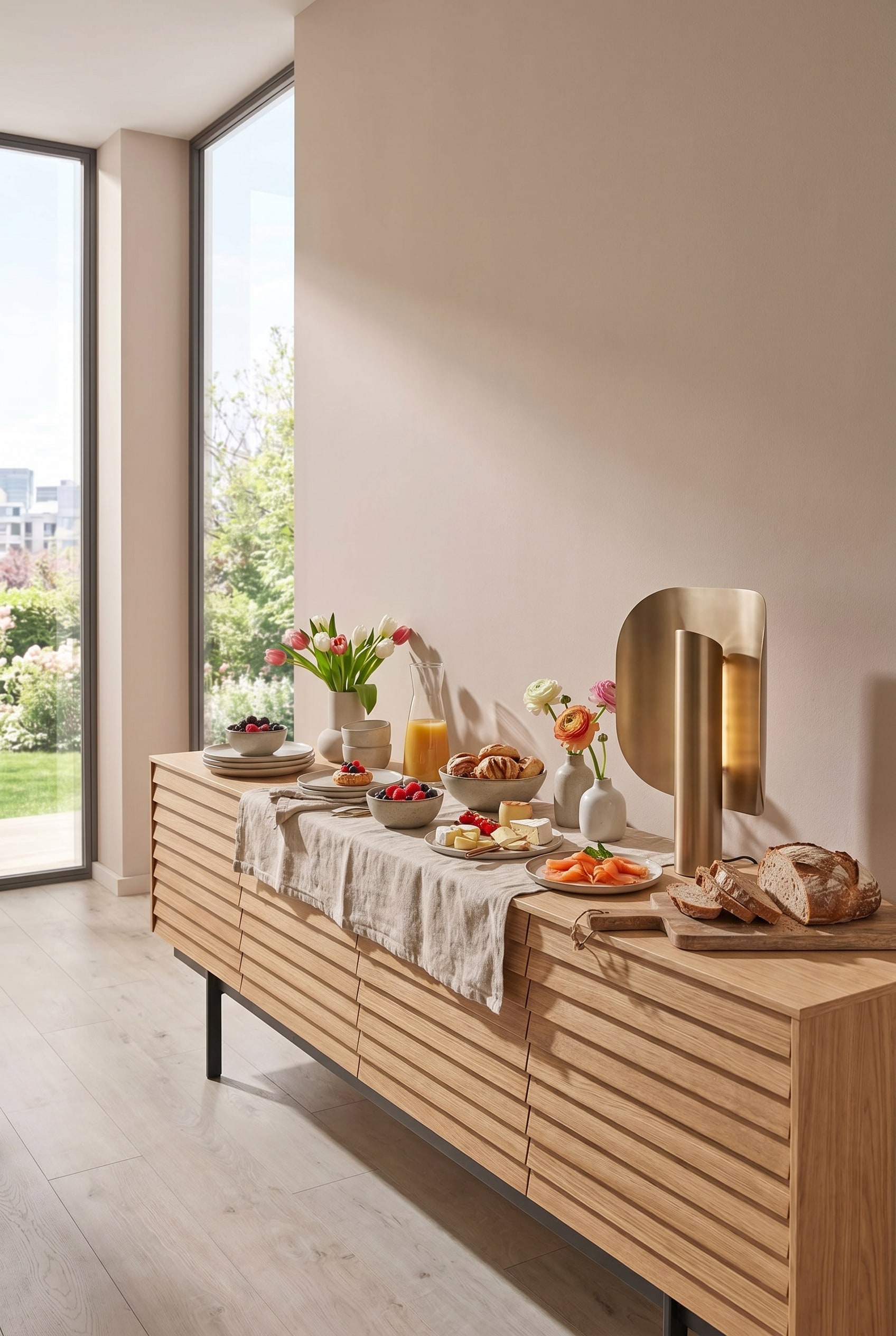 Warmes Punt Sideboard Sussex aus Eichenholz mit horizontalen Lamellen, dekoriert mit einer modernen Messingleuchte und einem minimalistischen Brunch-Arrangement. Warmes Punt Sideboard Sussex aus Eichenholz mit horizontalen Lamellen, dekoriert mit einer modernen Messingleuchte und einem minimalistischen Brunch-Arrangement.