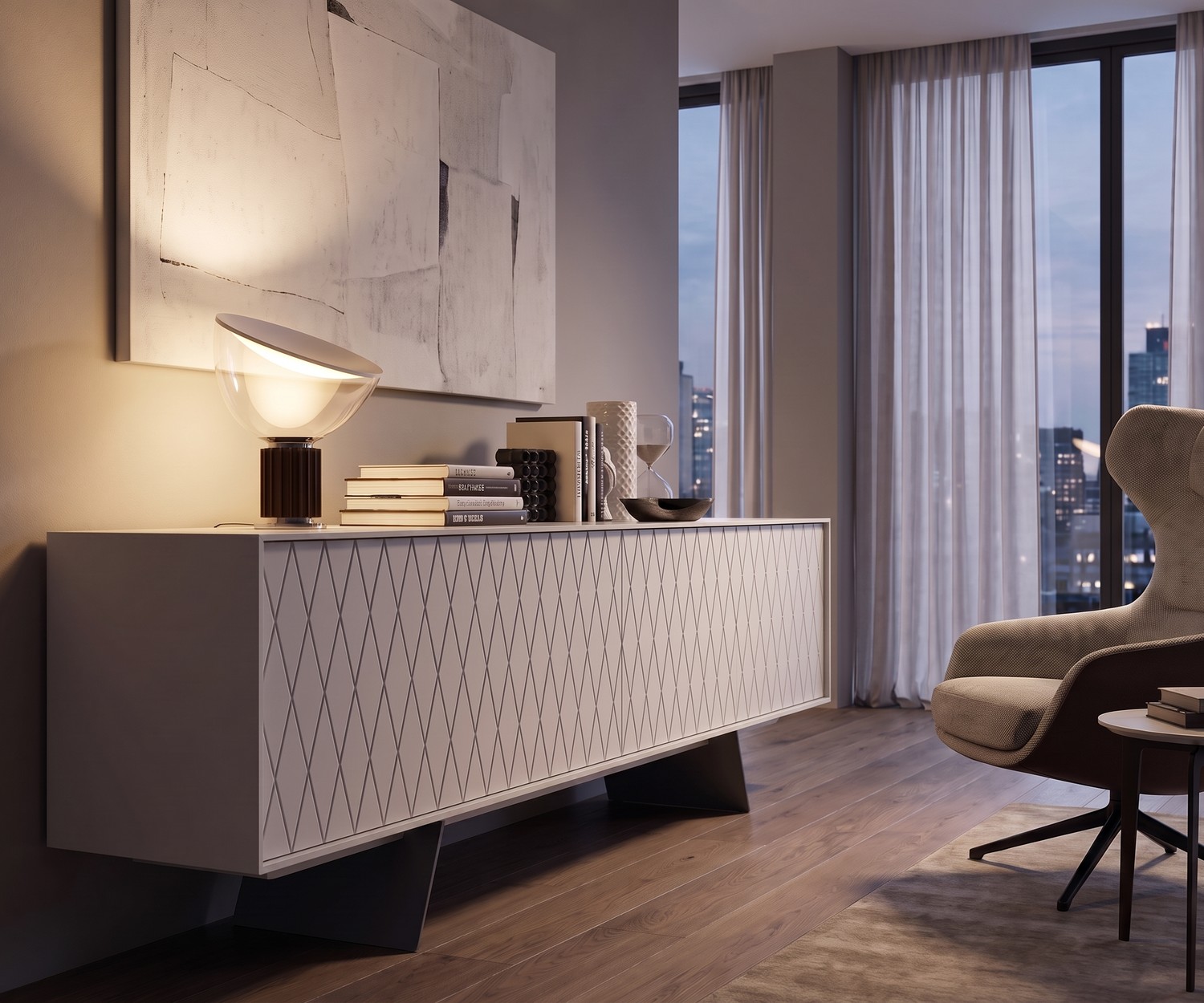 al2 e-klipse 003 Sideboard mit Rautenmuster im modernen Wohnzimmer vor Fensterfront, weißes Design-Möbelstück