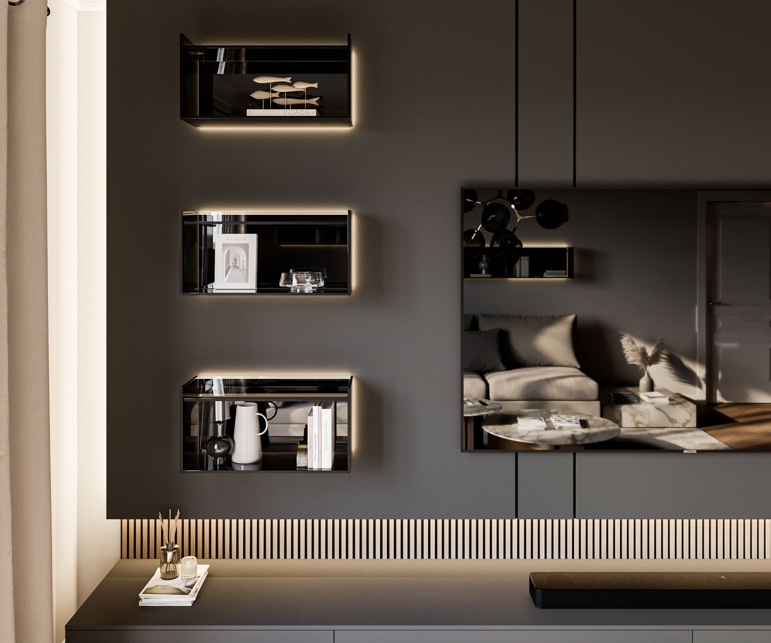 Beleuchtetes Glas Regal von Livitalia mit drei Fächern übereinanderstehenden Design Lowboard mit TV Beleuchtetes Glas Regal von Livitalia mit drei Fächern übereinanderstehenden Design Lowboard mit TV