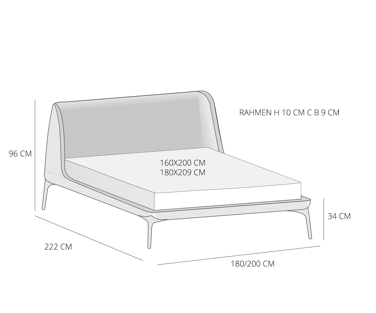 Schlafzimmer Bett Velvet von Novamobili Skizze Maße Größen Größenangaben Schlafzimmer Bett Velvet von Novamobili Skizze Maße Größen Größenangaben