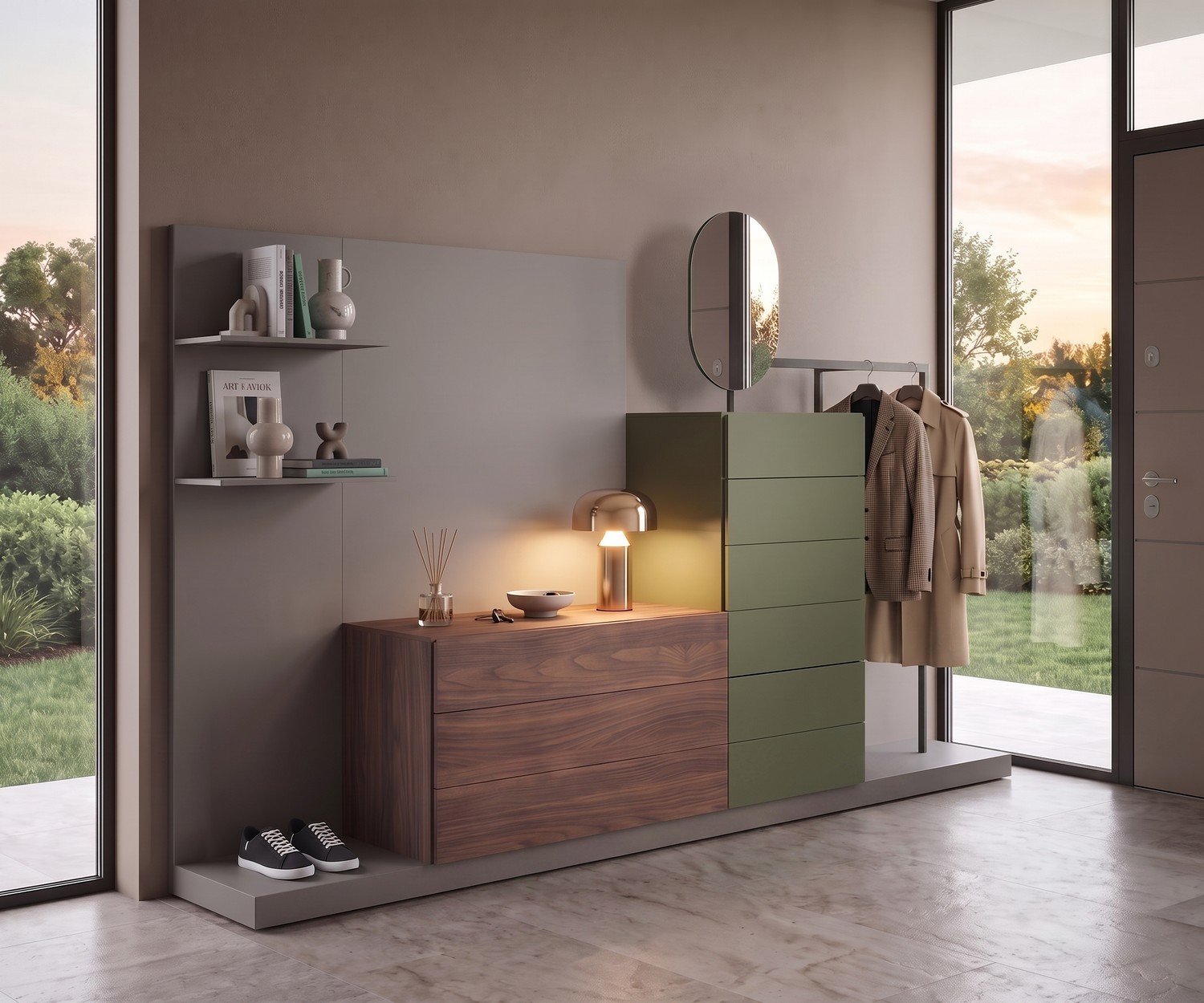 Novamobili Kommode Easy 9 Garderobe für den Flur mit Schubladen in Nussbaum und Grün, modernes modulares Garderobenmöbel.