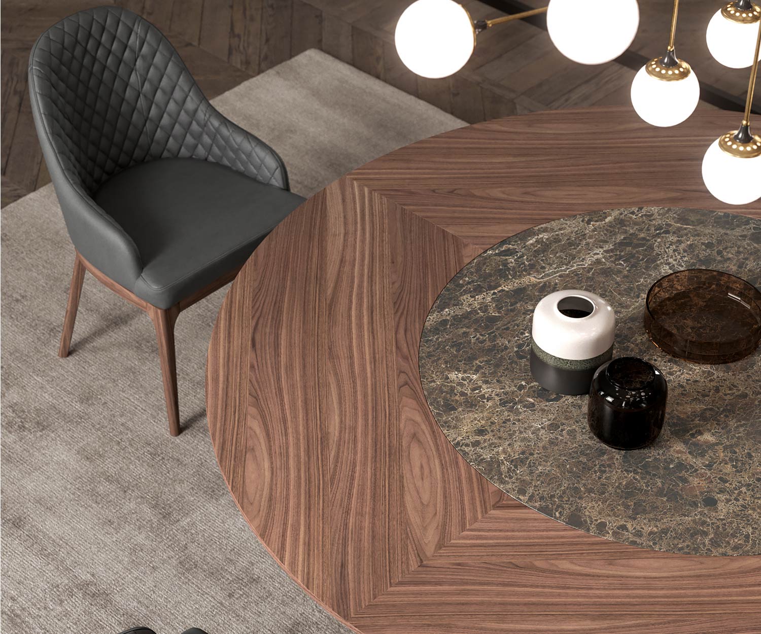 Design Esstisch Detail runde Tischplatte mit Nussbaum Emperador Glas Keramik